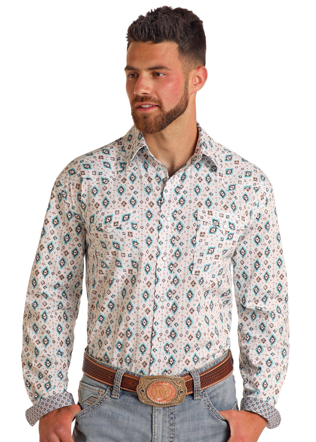 PANHANDLE AZTEC TURQUOISE MENS SNAP LONG SLEEVE SHIRT-RMN2S05682