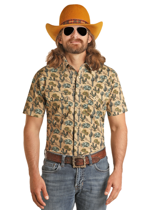 ROCK&ROLL TAN CACTUS PRINT SHORT SLEEVE SHIRT - RRMS1SR0RK