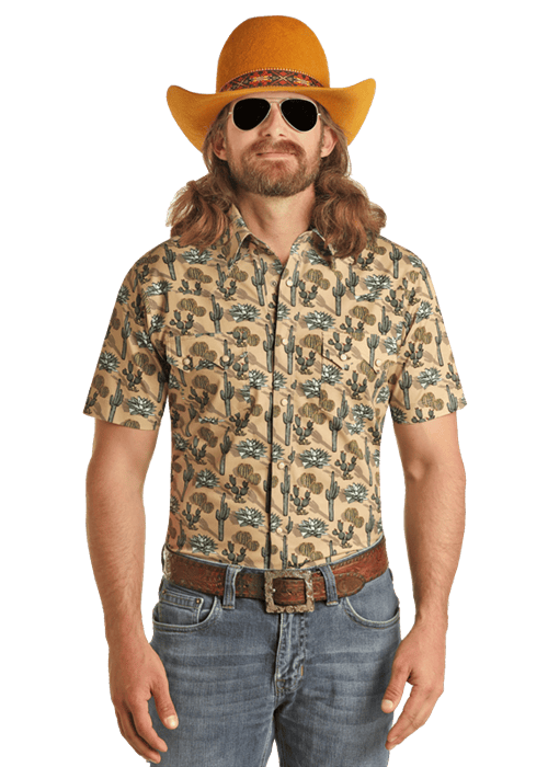 ROCK&ROLL TAN CACTUS PRINT SHORT SLEEVE SHIRT - RRMS1SR0RK Laherradurawwnc.com