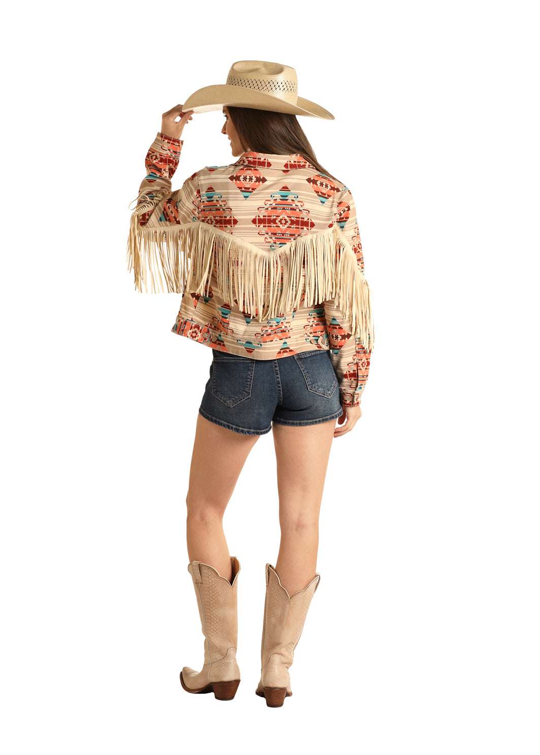 Rock&Roll Womens Tan Aztec on stripe Denim Jacket beige RRWD92R11L Laherradurawwnc.com