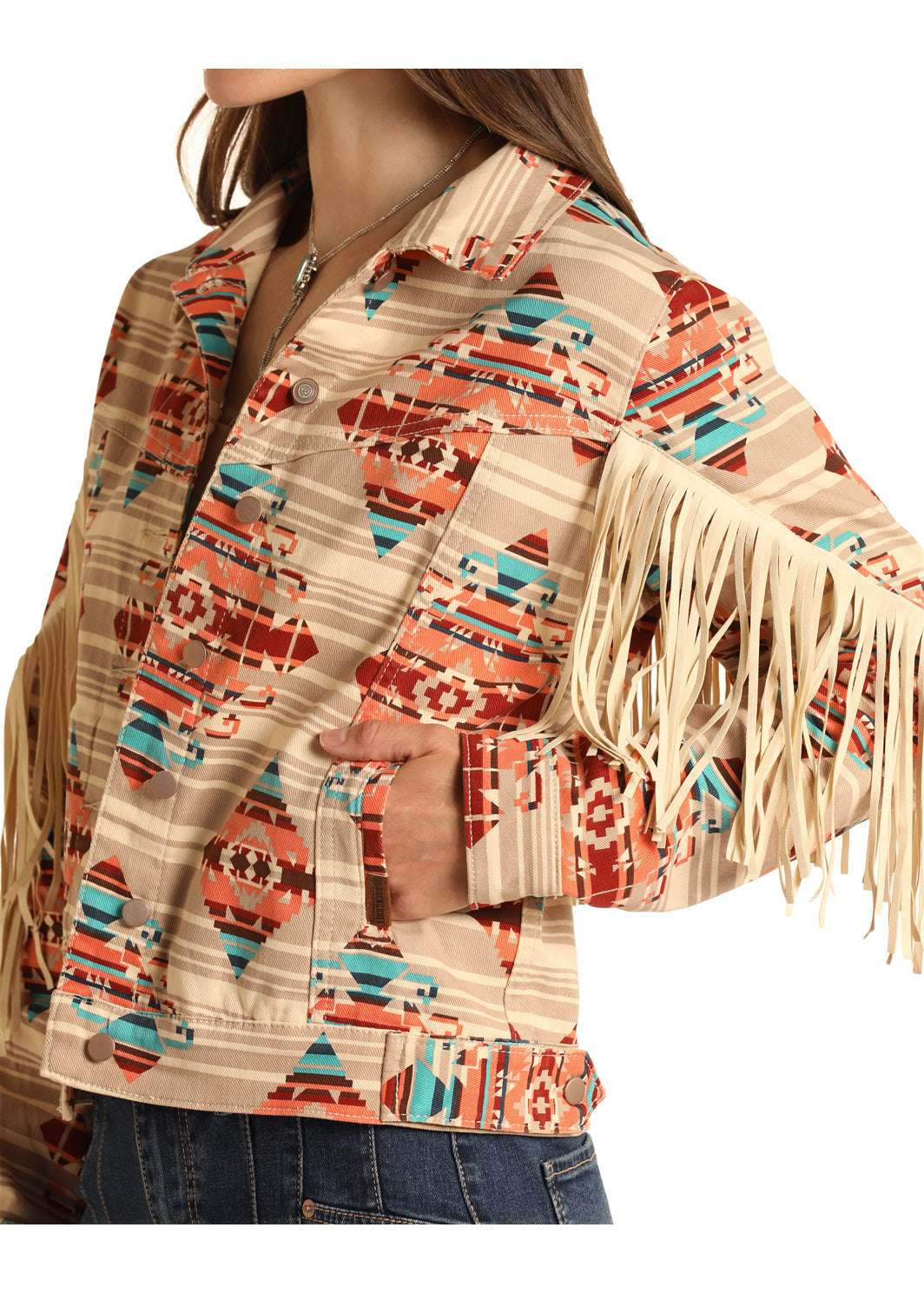 Rock&Roll Womens Tan Aztec on stripe Denim Jacket beige RRWD92R11L Laherradurawwnc.com