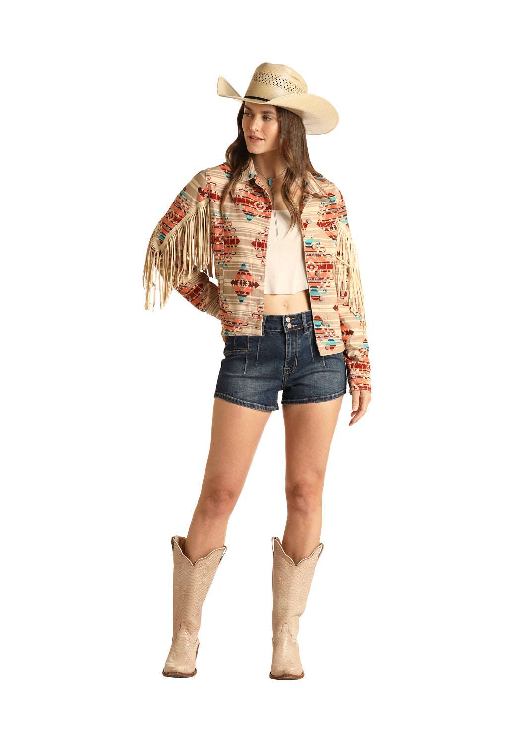 Rock&Roll Womens Tan Aztec on stripe Denim Jacket beige RRWD92R11L Laherradurawwnc.com