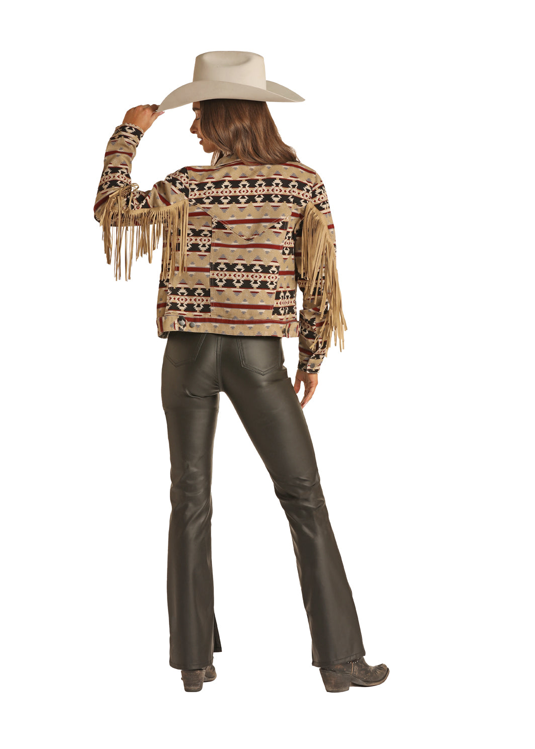 Rock&Roll Womens Tan Aztec Fringe Denim Jacket RRWD92RZQB