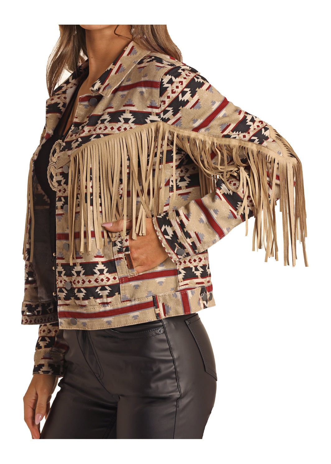 Rock&Roll Womens Tan Aztec Fringe Denim Jacket RRWD92RZQB