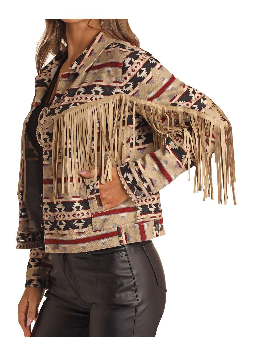 Rock&Roll Womens Tan Aztec Fringe Denim Jacket RRWD92RZQB Laherradurawwnc.com