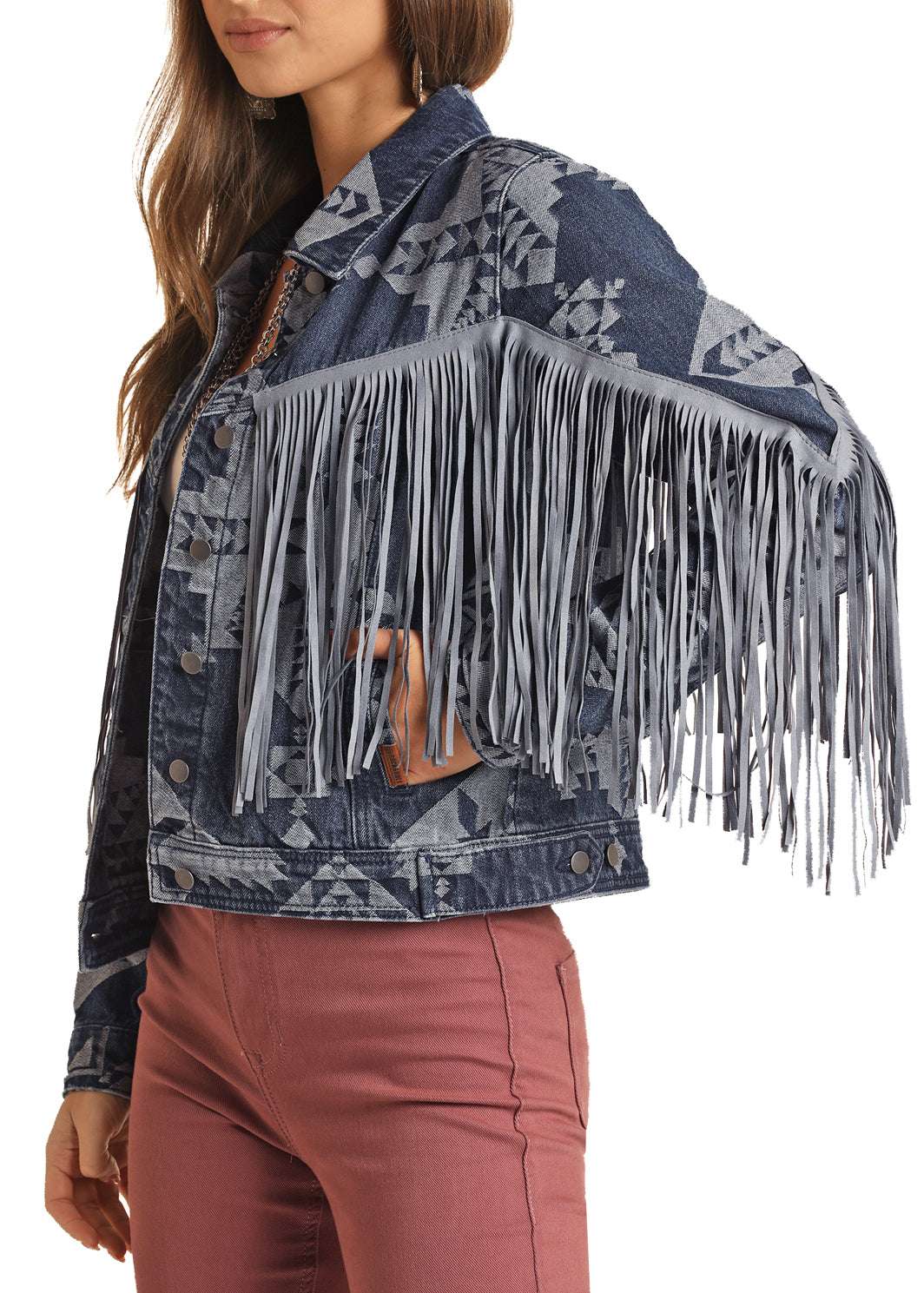Rock&Roll Womens Blue Aztec Fringe Denim Jacket RRWD92RZQC Laherradurawwnc.com