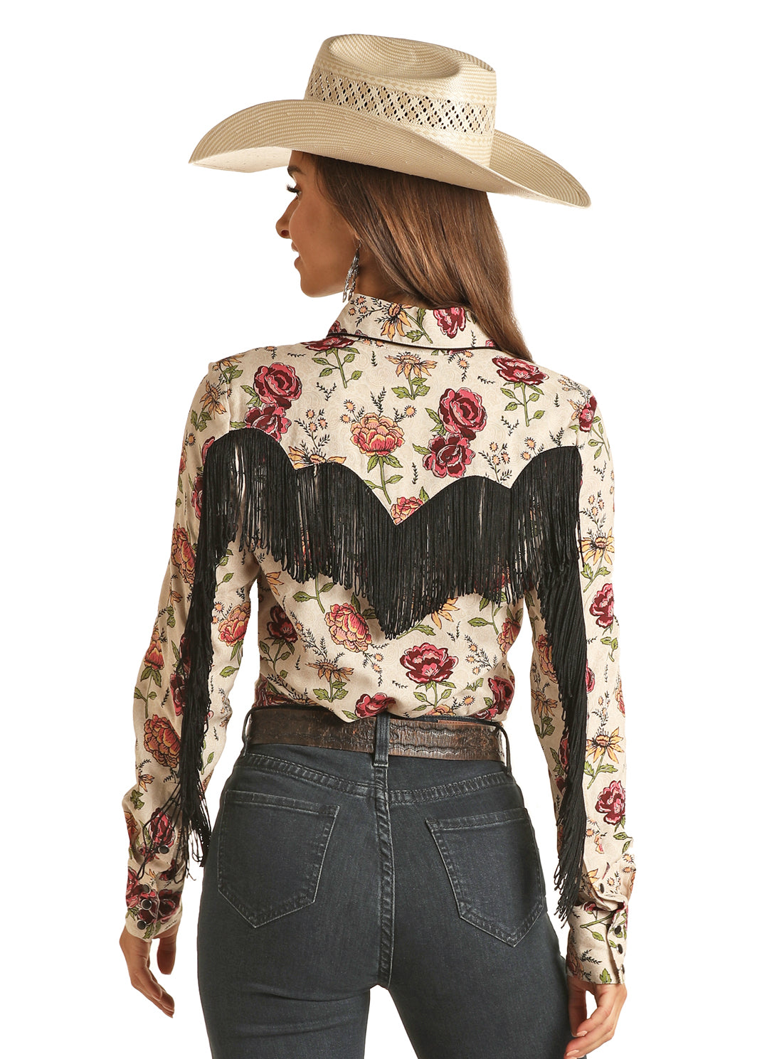 ROCK&ROLL WOMENS NATURAL FLORAL SHIRT WITH FRINGE RRWSOSR0UZ