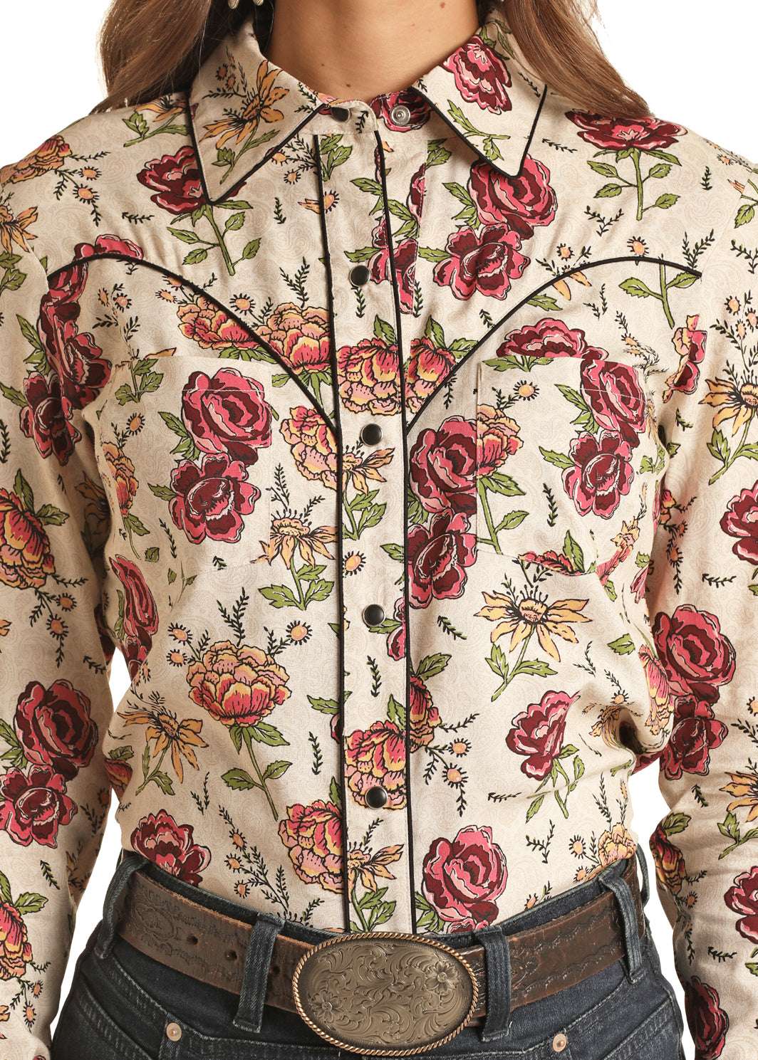 ROCK&ROLL WOMENS NATURAL FLORAL SHIRT WITH FRINGE RRWSOSR0UZ Laherradurawwnc.com
