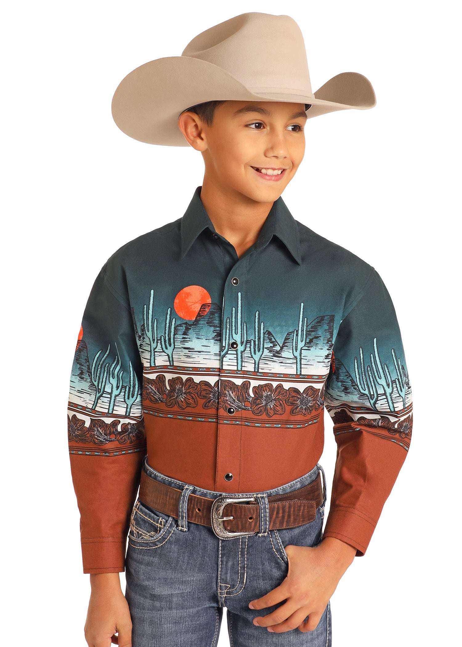 Panhandle Black Southwestern Border With Aztec Print Long Sleeve Boys Shirt - SBN2S04457 Laherradurawwnc.com