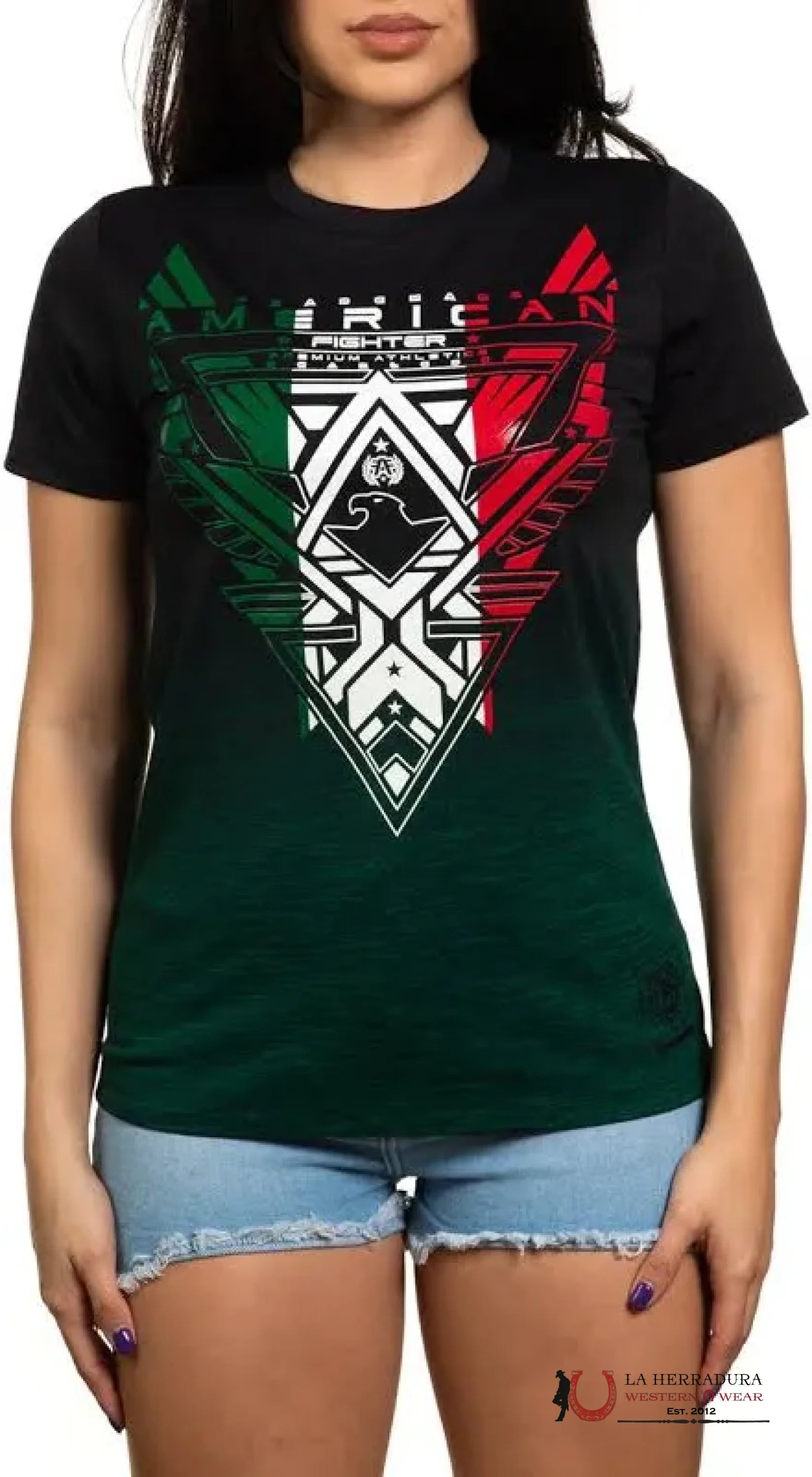 AMERICAN FIGHTER WOMEN T-SHIRT BLACK FADED IN GREEN MEXICO FLAG ANDREWS FW14771 ROPA MUJERES