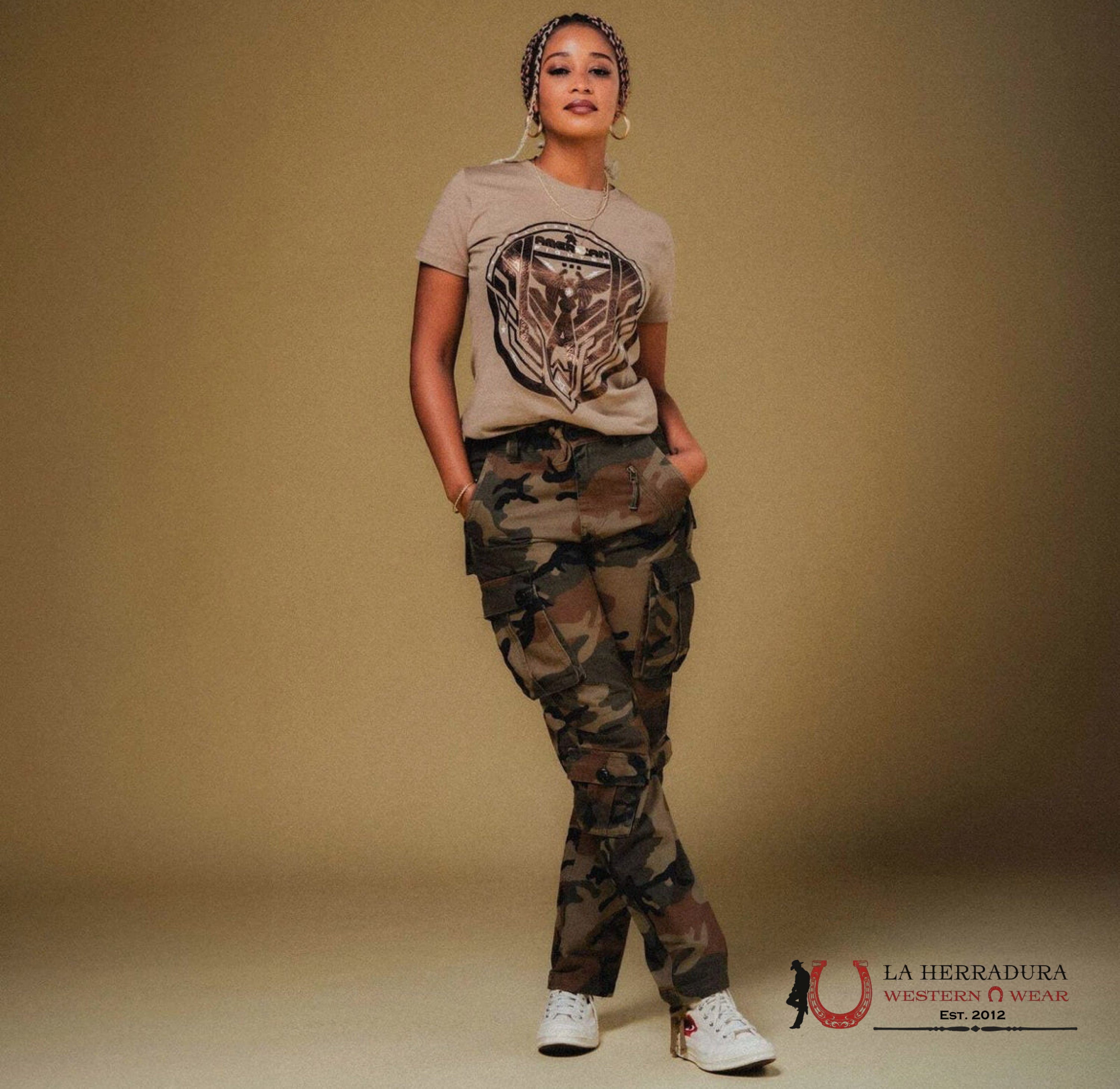 AMERICAN FIGHTER WOMEN T-SHIRT DARK KAHKI BROWN WHITE LOGO COLERAIN FW15355 ROPA MUJERES