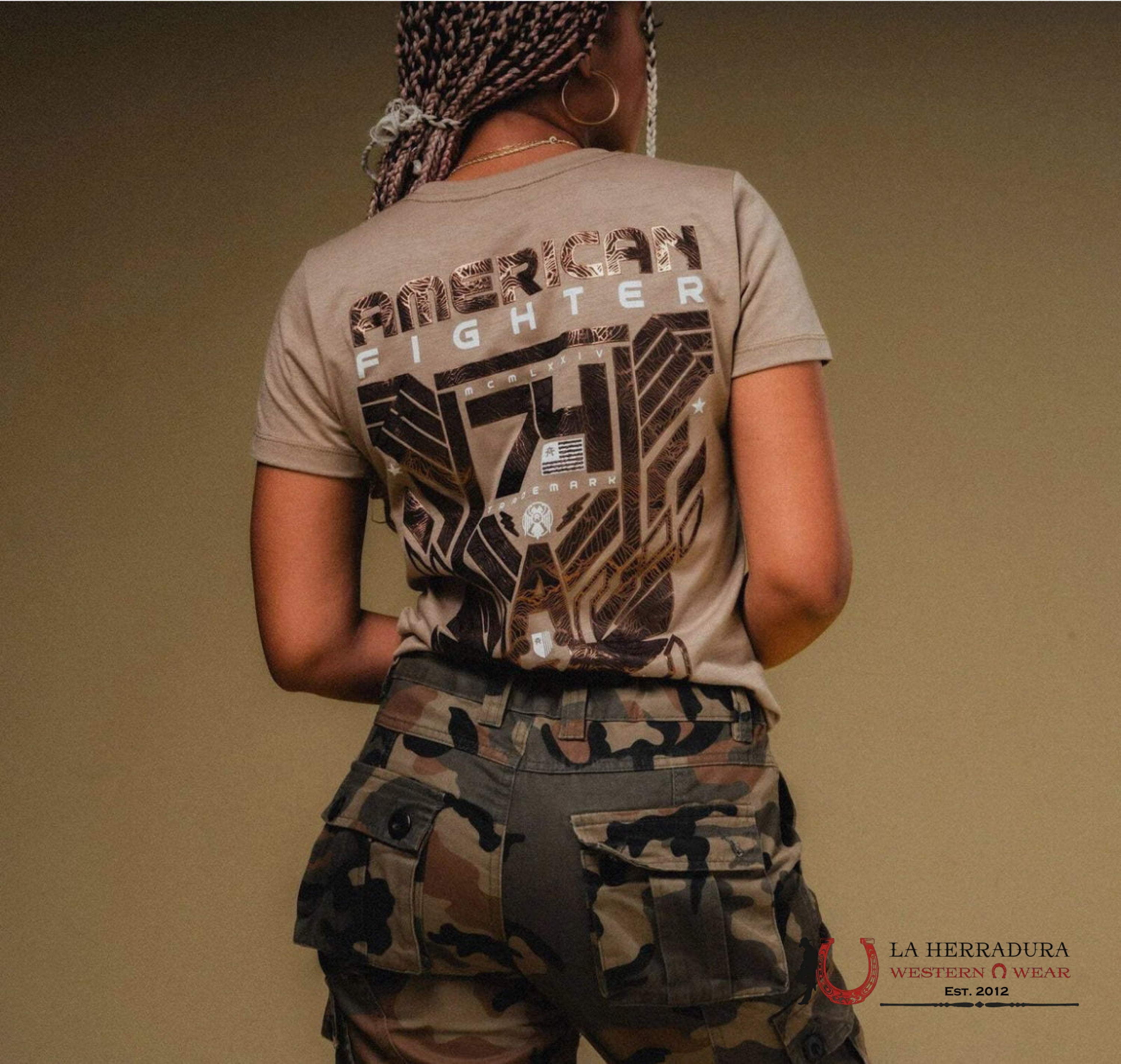 AMERICAN FIGHTER WOMEN T-SHIRT DARK KAHKI BROWN WHITE LOGO COLERAIN FW15355 ROPA MUJERES