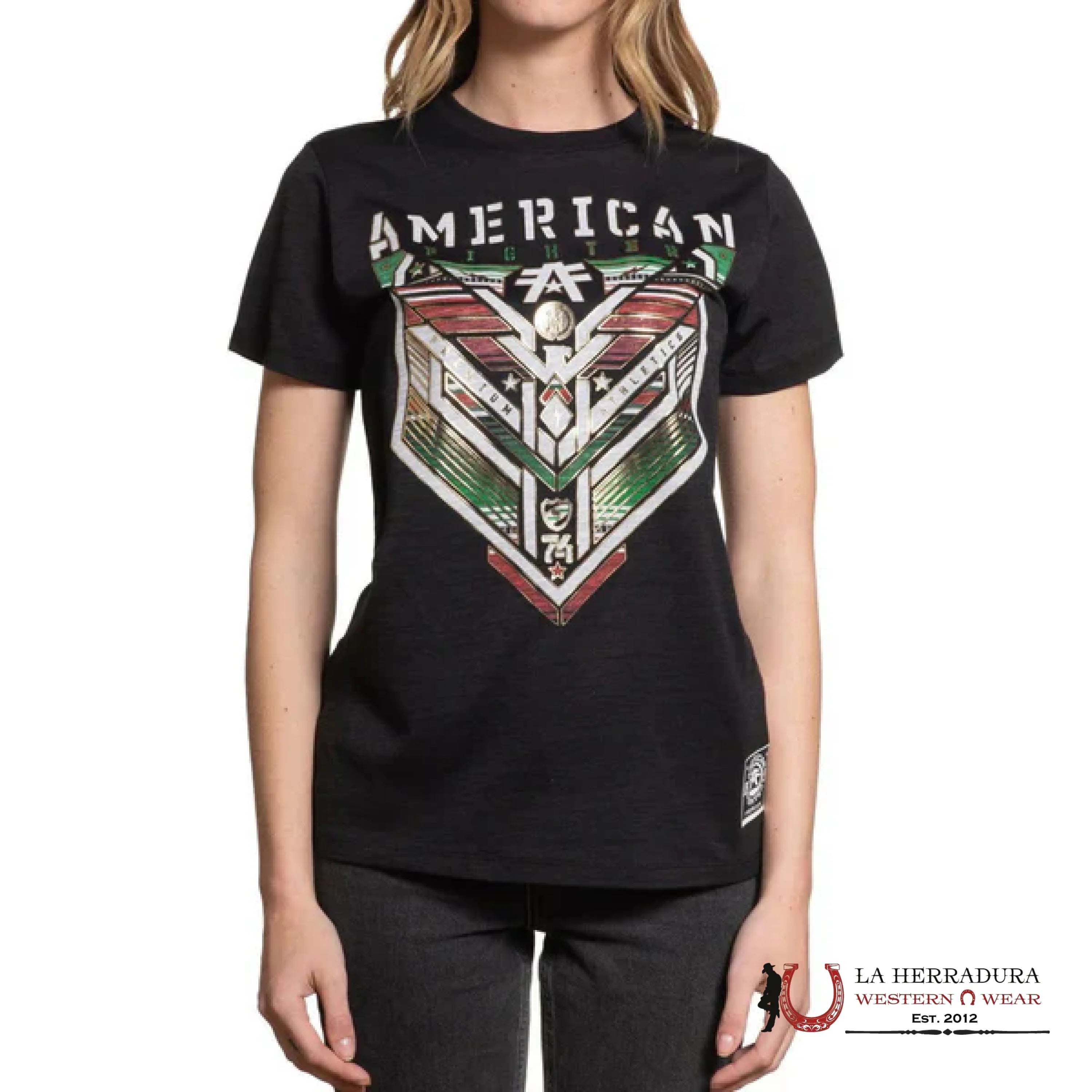 AMERICAN FIGHTER WOMEN T-SHIRT MEXICO FLAG OUTLINING IN GOLD FINLEY FW15508 ROPA MUJERES