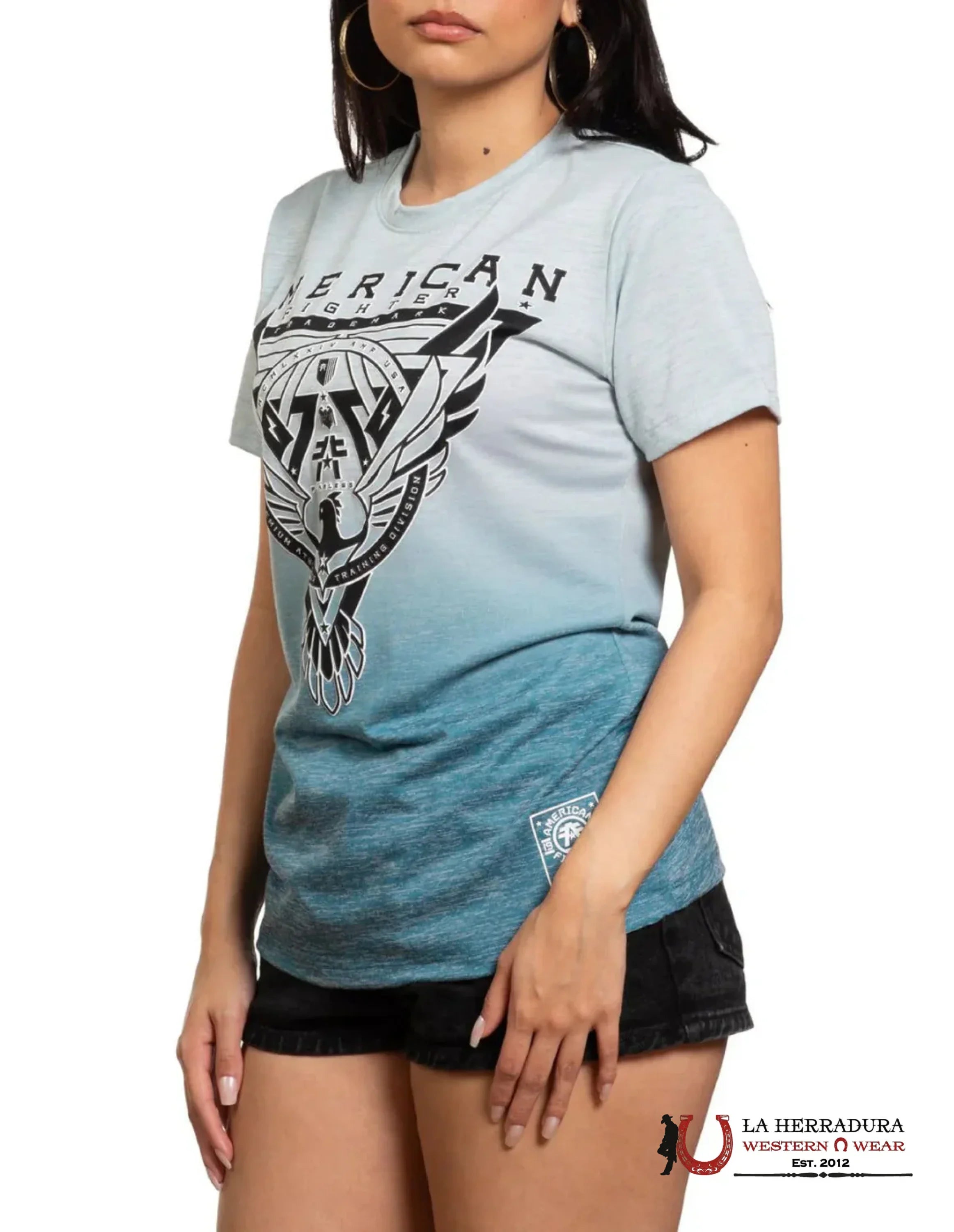 AMERICAN FIGHTER WOMEN T-SHIRT SKY BLUE FADED TO MINT BLUE BLACK LOGO FW15353 ROPA MUJERES