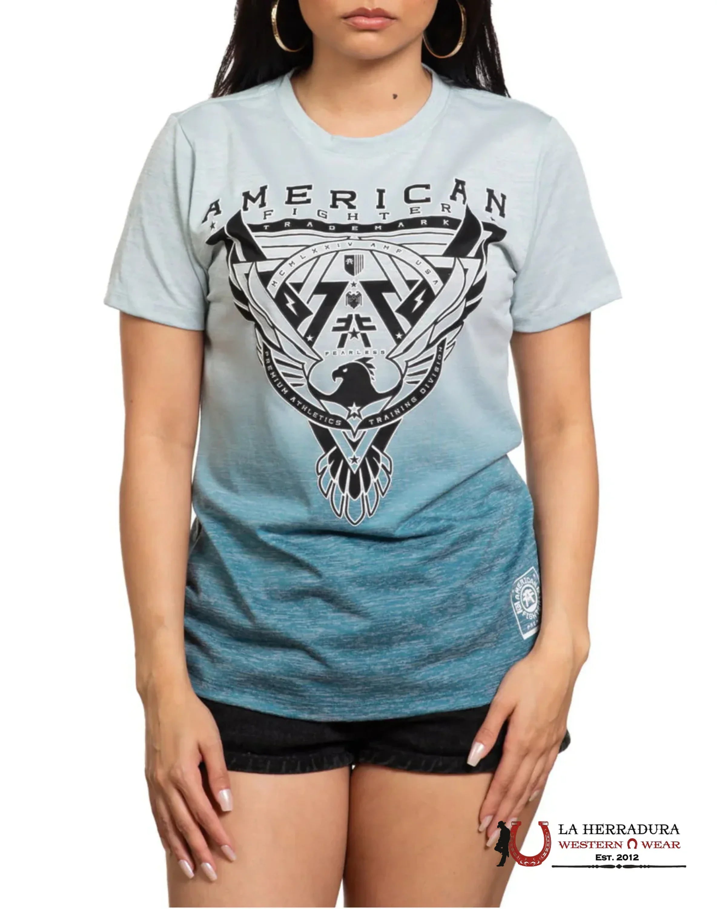 AMERICAN FIGHTER WOMEN T-SHIRT SKY BLUE FADED TO MINT BLUE BLACK LOGO FW15353 ROPA MUJERES