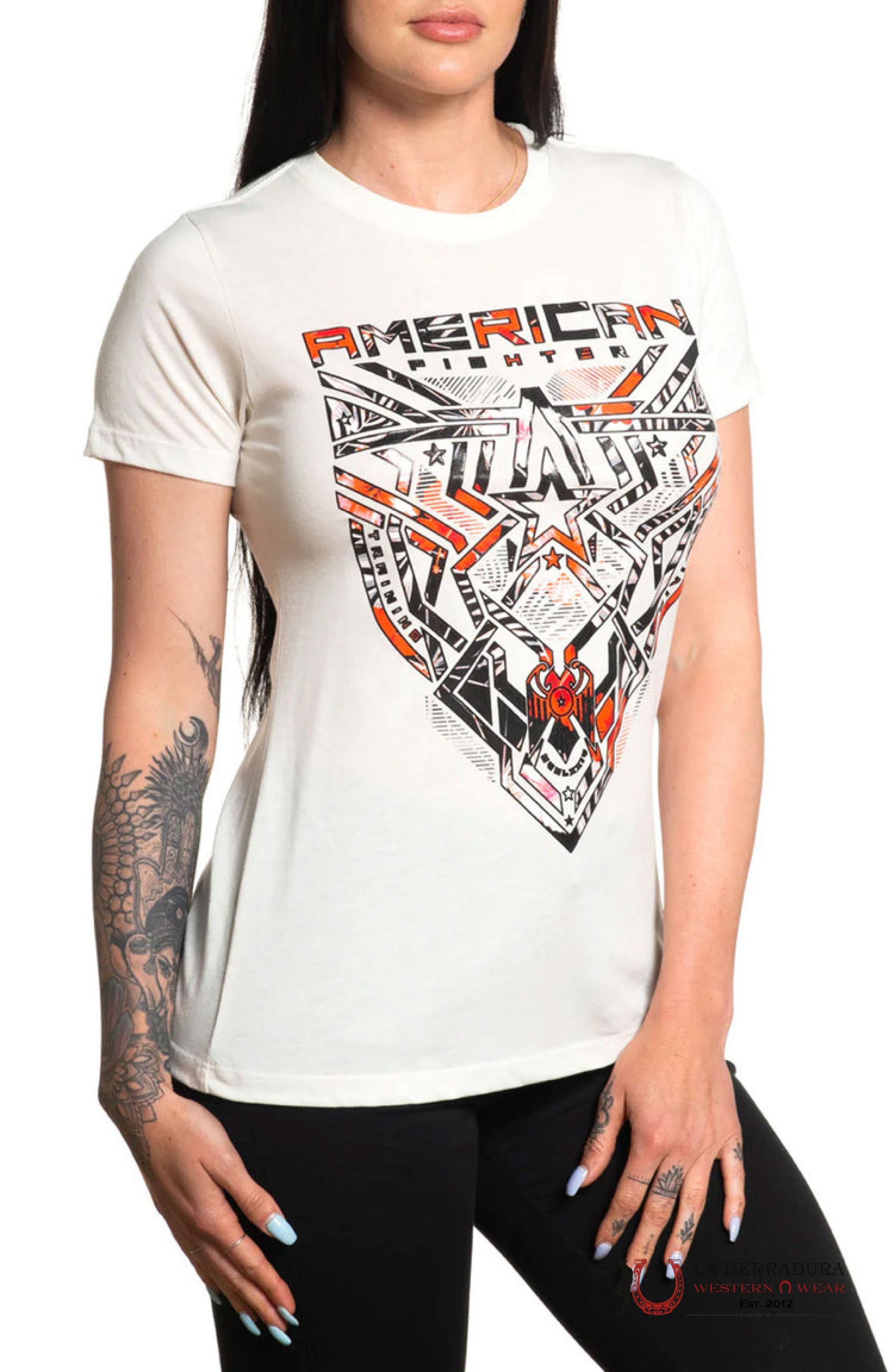 AMERICAN FIGHTER WOMEN T-SHIRT TAN BLACK ORANGE PINK LOGO MAYDAY FW14038 ROPA MUJERES