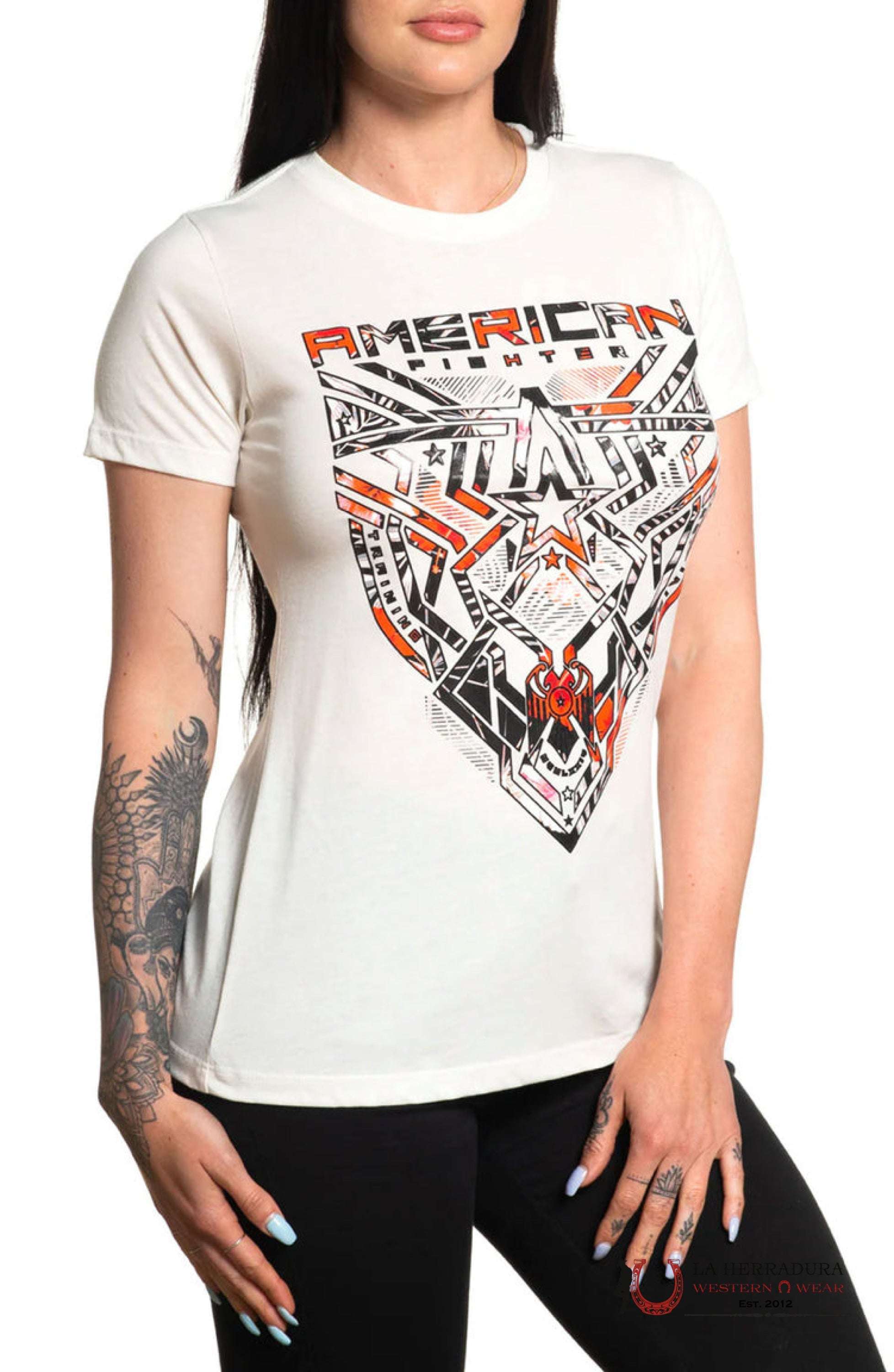 AMERICAN FIGHTER WOMEN T-SHIRT TAN BLACK ORANGE PINK LOGO MAYDAY FW14038 ROPA MUJERES