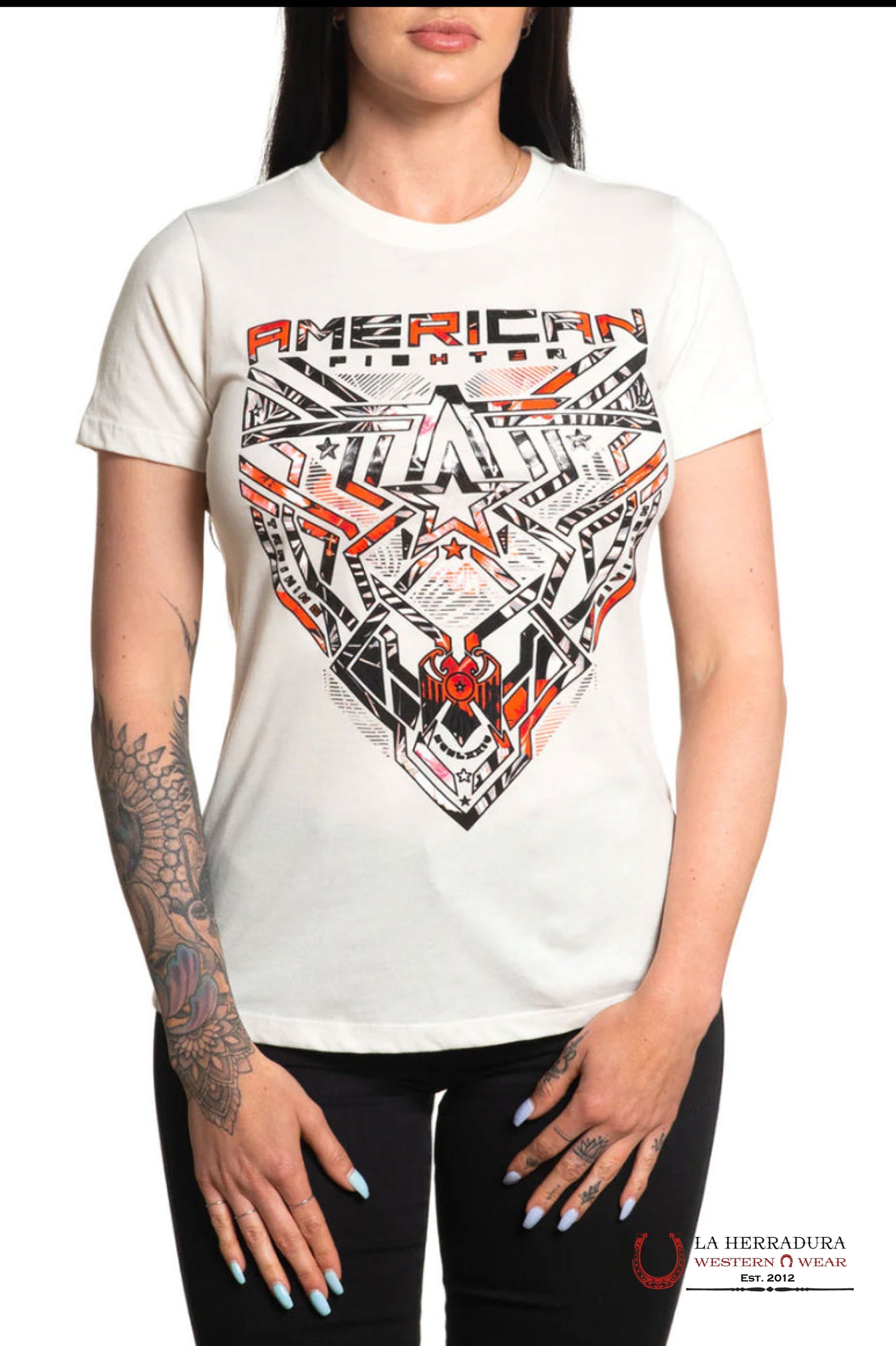 AMERICAN FIGHTER WOMEN T-SHIRT TAN BLACK ORANGE PINK LOGO MAYDAY FW14038 ROPA MUJERES