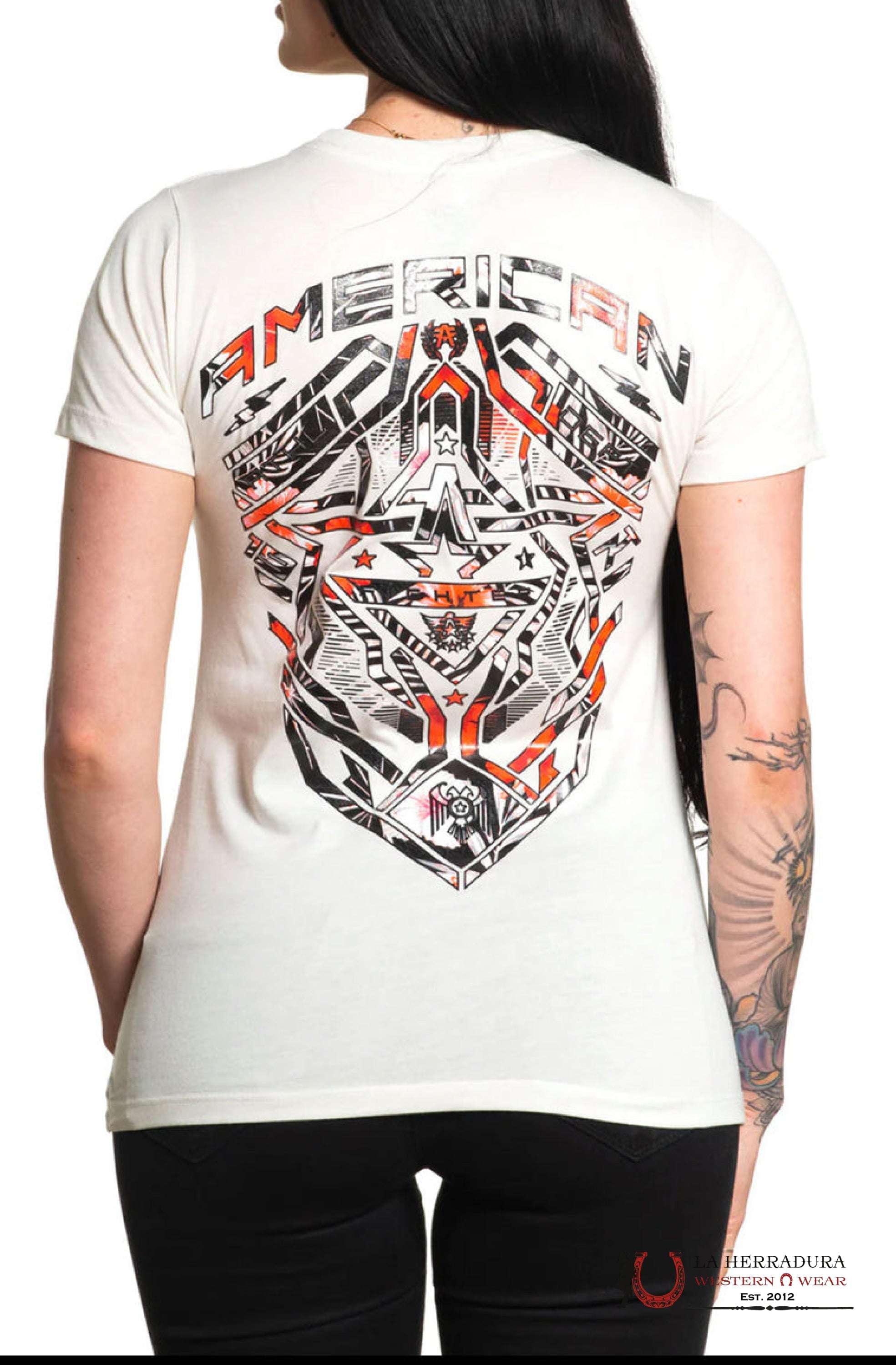 AMERICAN FIGHTER WOMEN T-SHIRT TAN BLACK ORANGE PINK LOGO MAYDAY FW14038 ROPA MUJERES