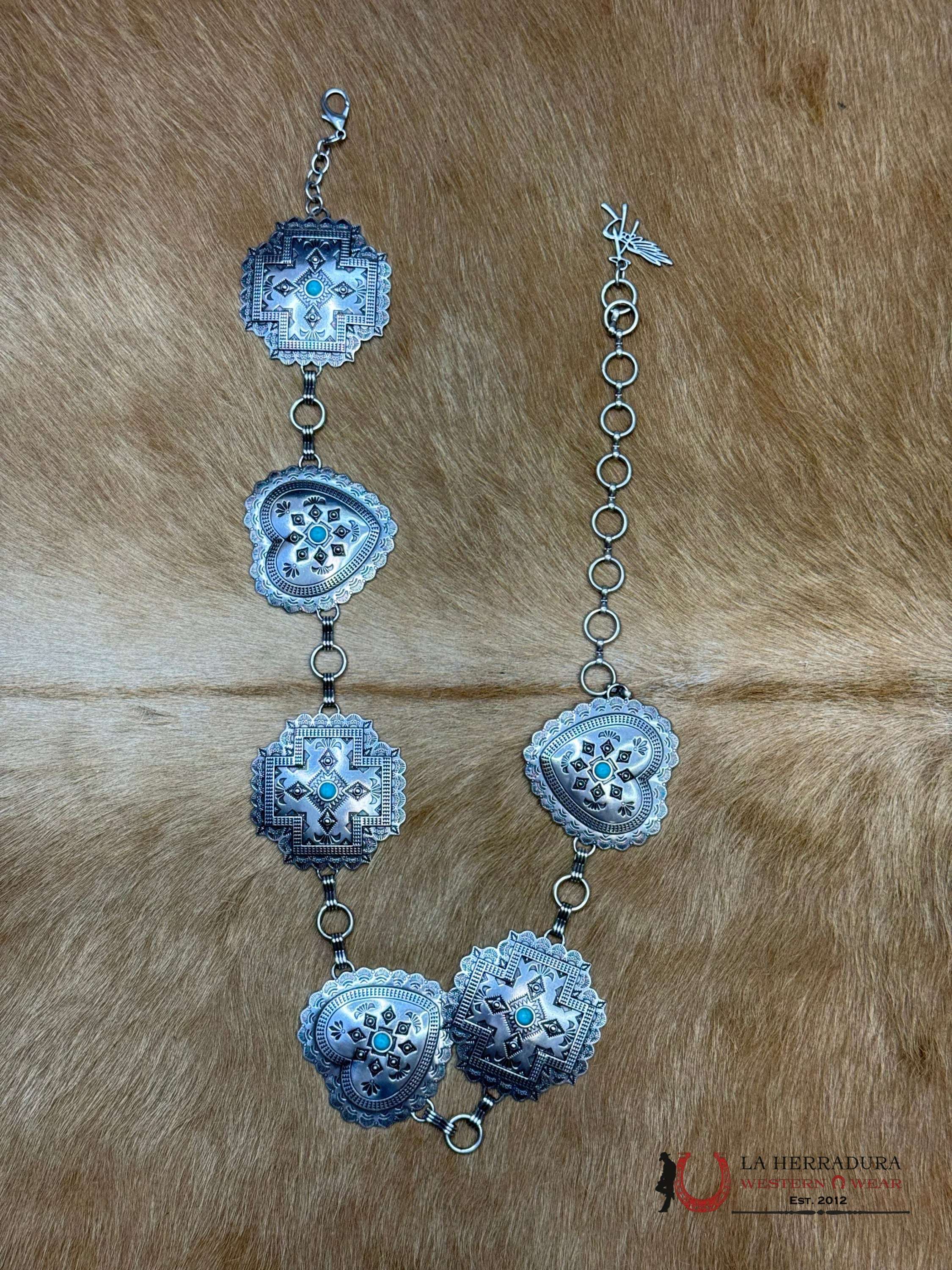 ANGEL RANCH SILVER CHAIN BELT FOR WOMEN WITH SMALL TURQUOISE DETAIL OSFM CINTURONES MUJERES