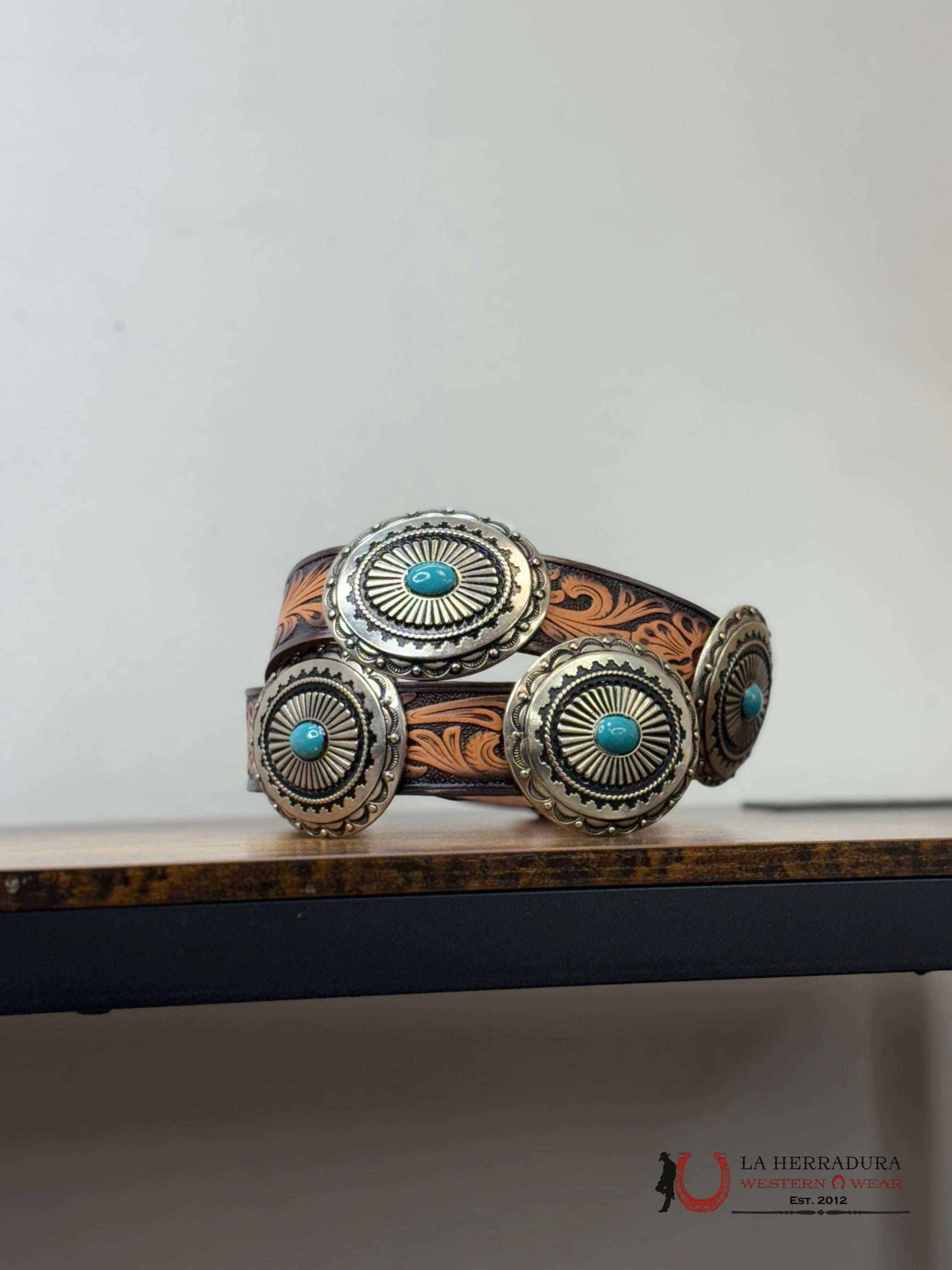 ANGEL RANCH WOMENS COÑAC BELT WITH SILVER BUCKLES CINTURONES MUJERES