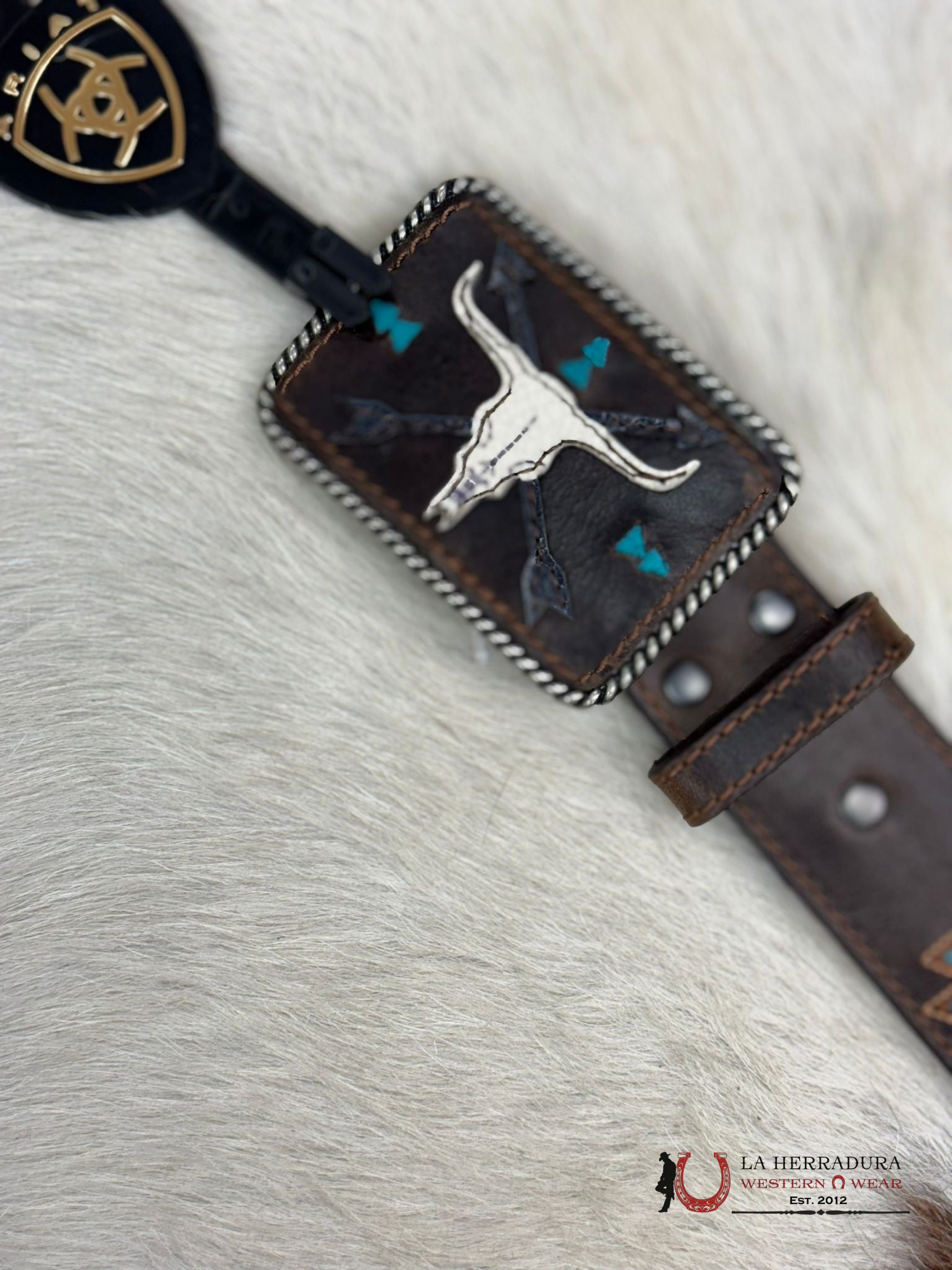 Ariat Belt Dark Brown Aztec Turquoise Longhorn Buckle Cinturones Mujeres