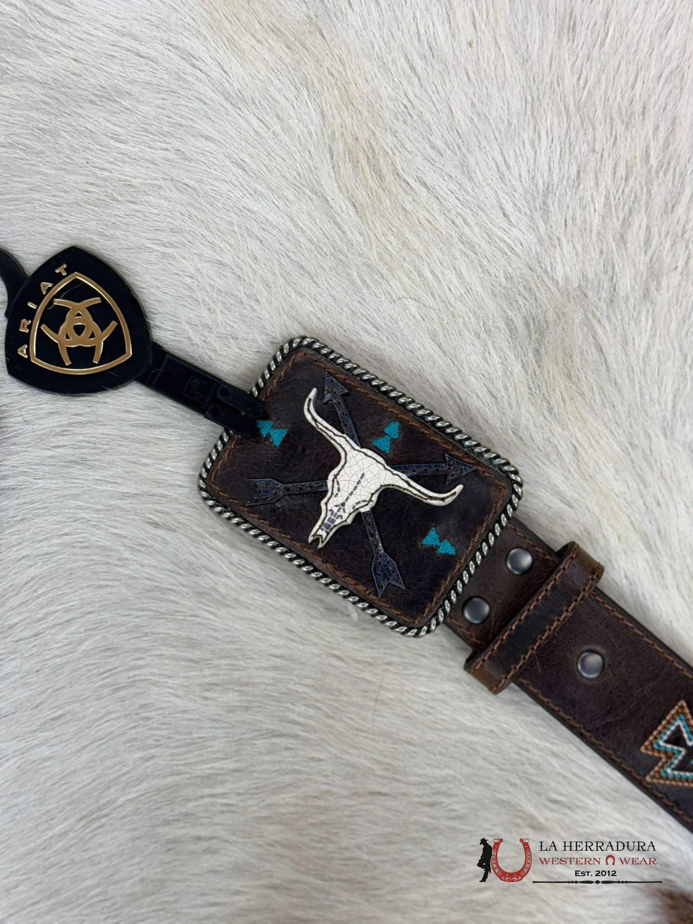 Ariat Belt Dark Brown Aztec Turquoise Longhorn Buckle Cinturones Mujeres