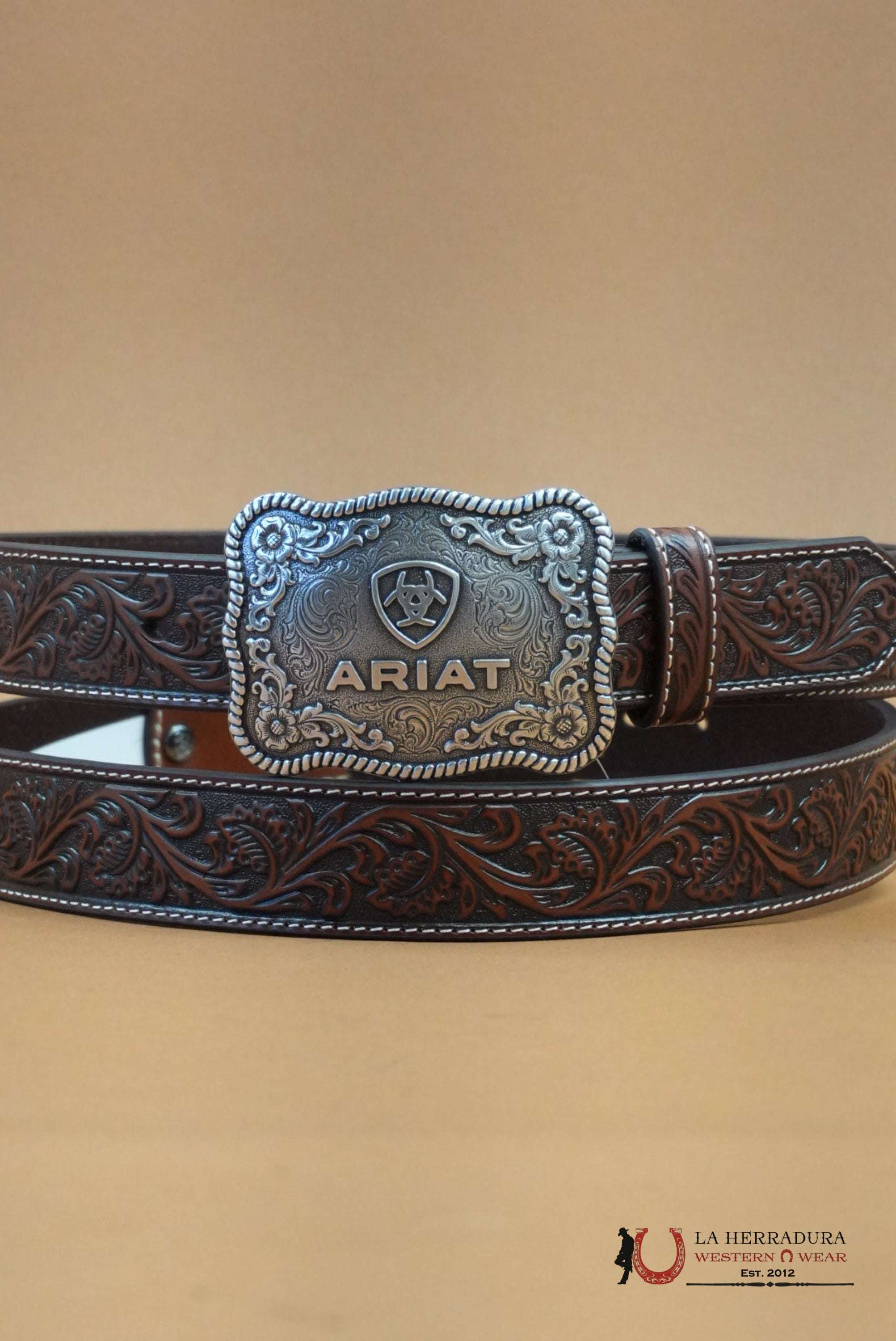 ARIAT BELT HAND TOOLED COGNAC SILVER BUCKLE 20467 CINTURONES MUJERES