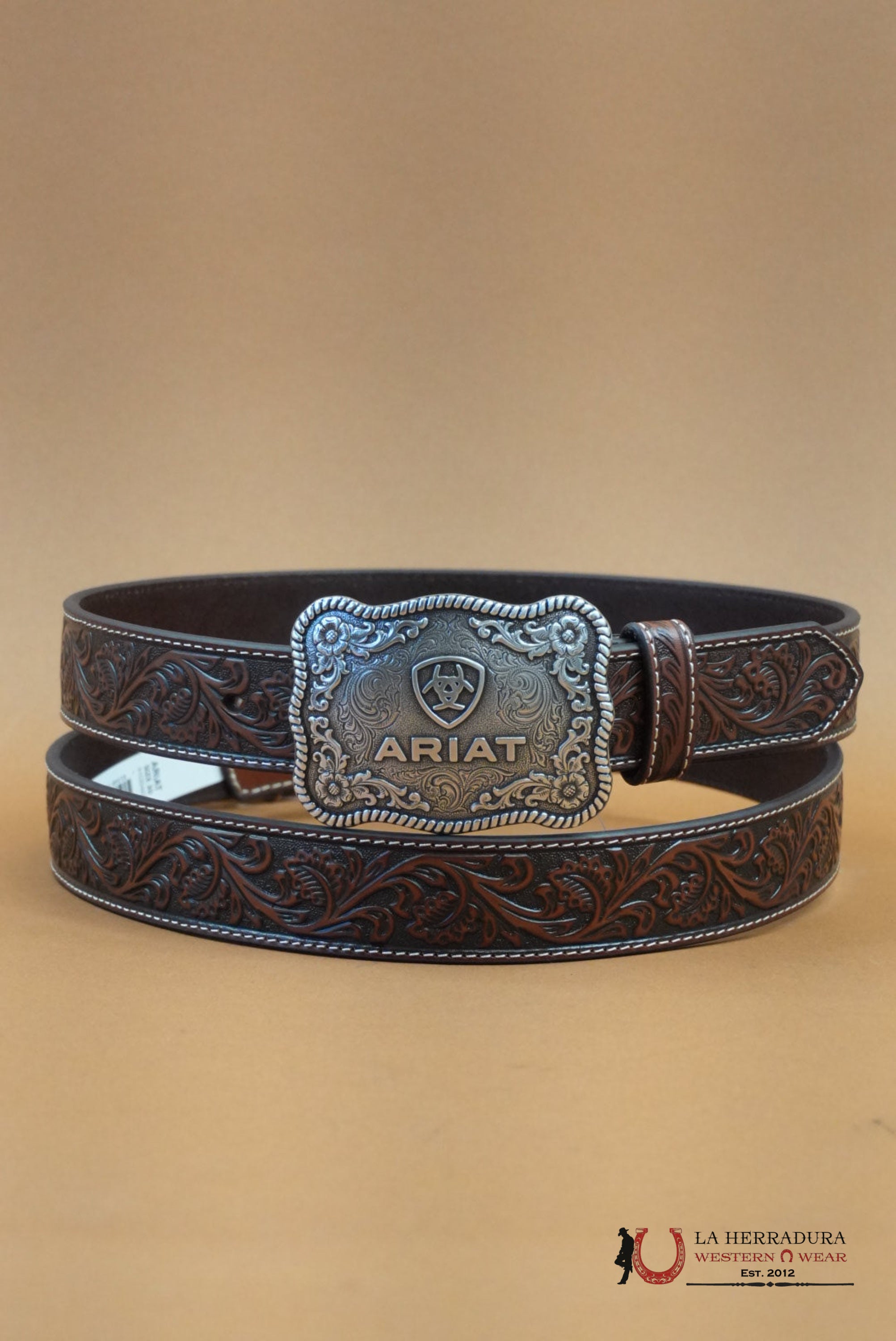 ARIAT BELT HAND TOOLED COGNAC SILVER BUCKLE 20467 CINTURONES MUJERES