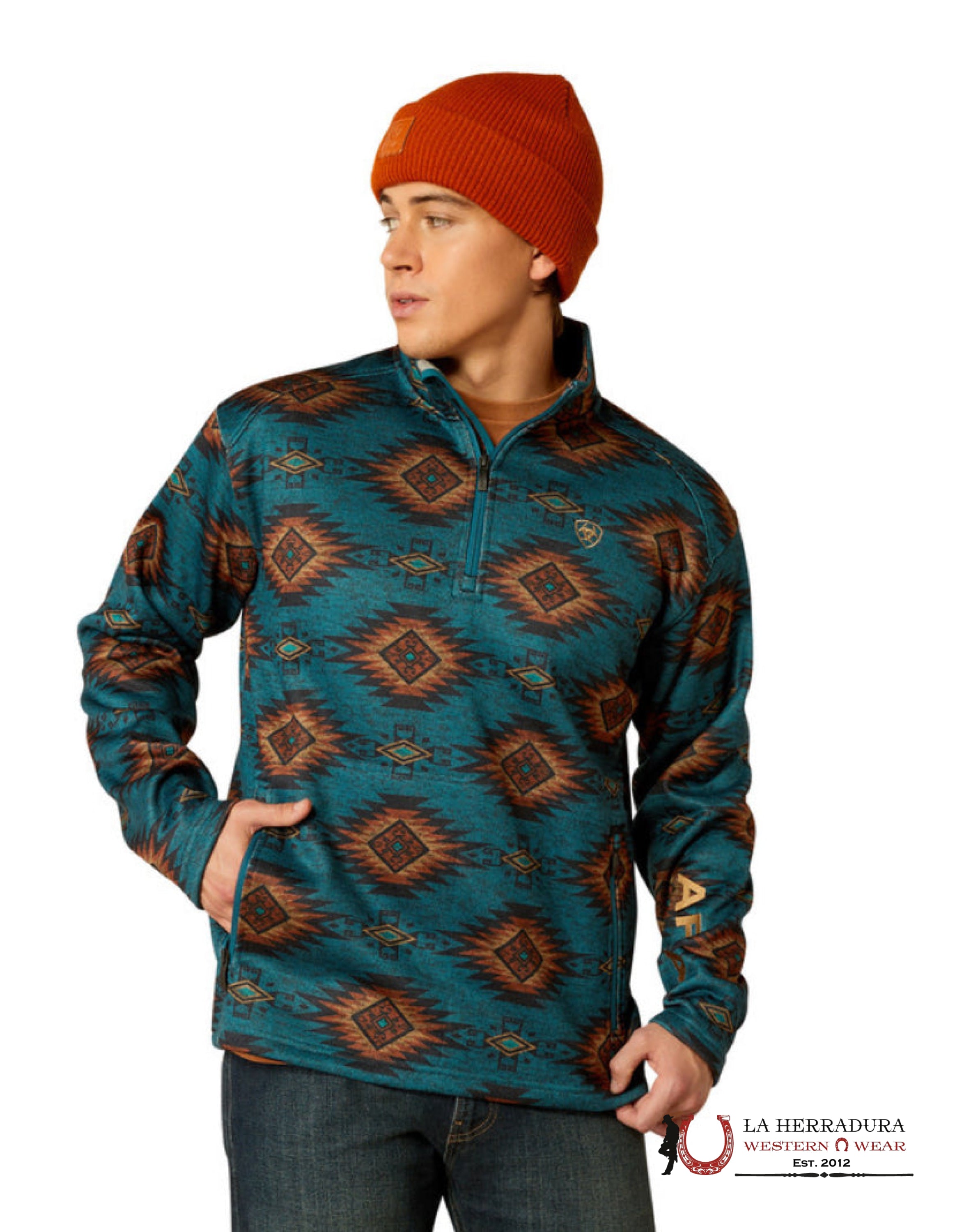 Ariat Blue Coral Southwest Caldwell Logo 1/4 Zip Up Sweater- 3016 Ropa Hombres