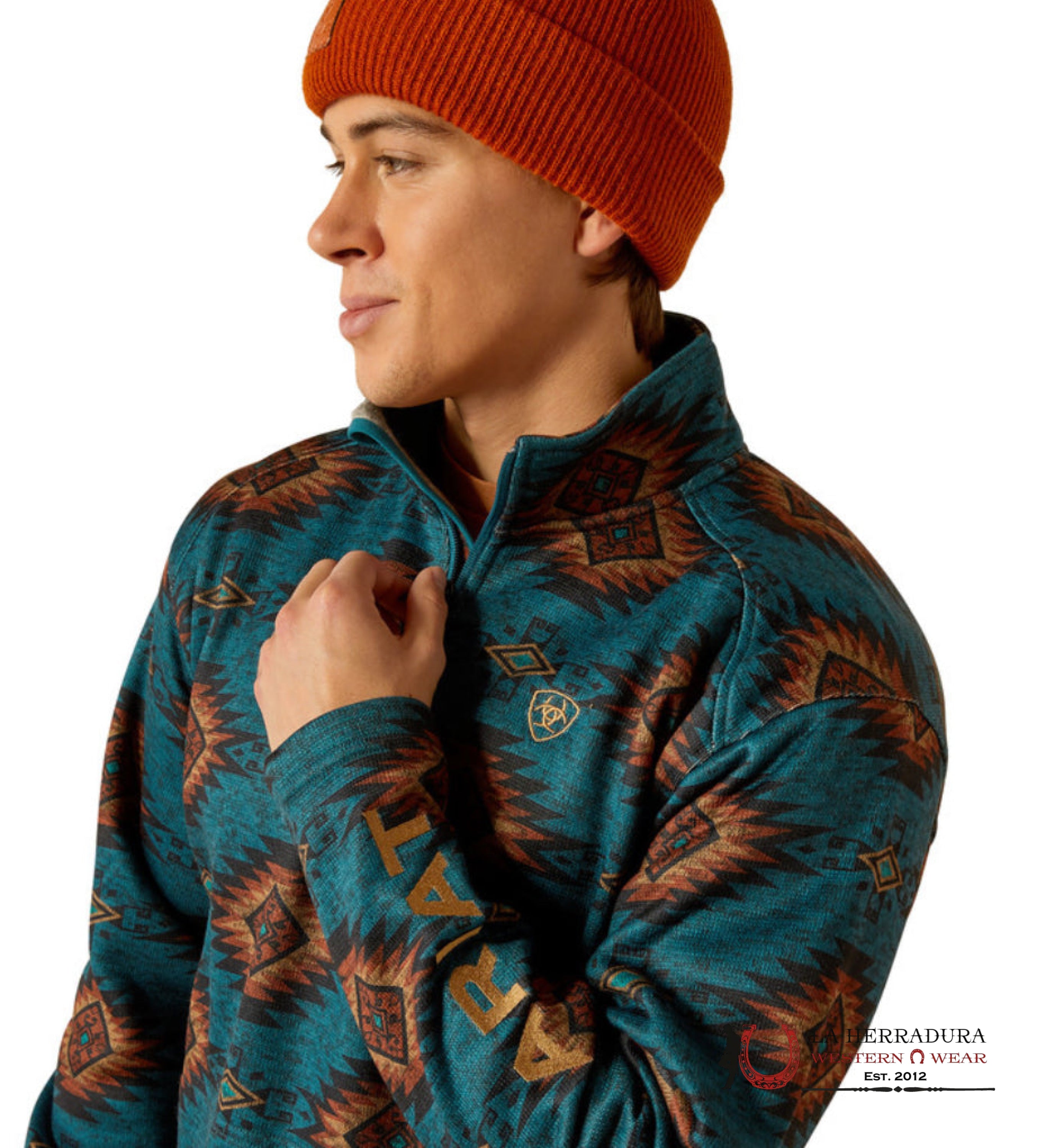 Ariat Blue Coral Southwest Caldwell Logo 1/4 Zip Up Sweater- 3016 Ropa Hombres