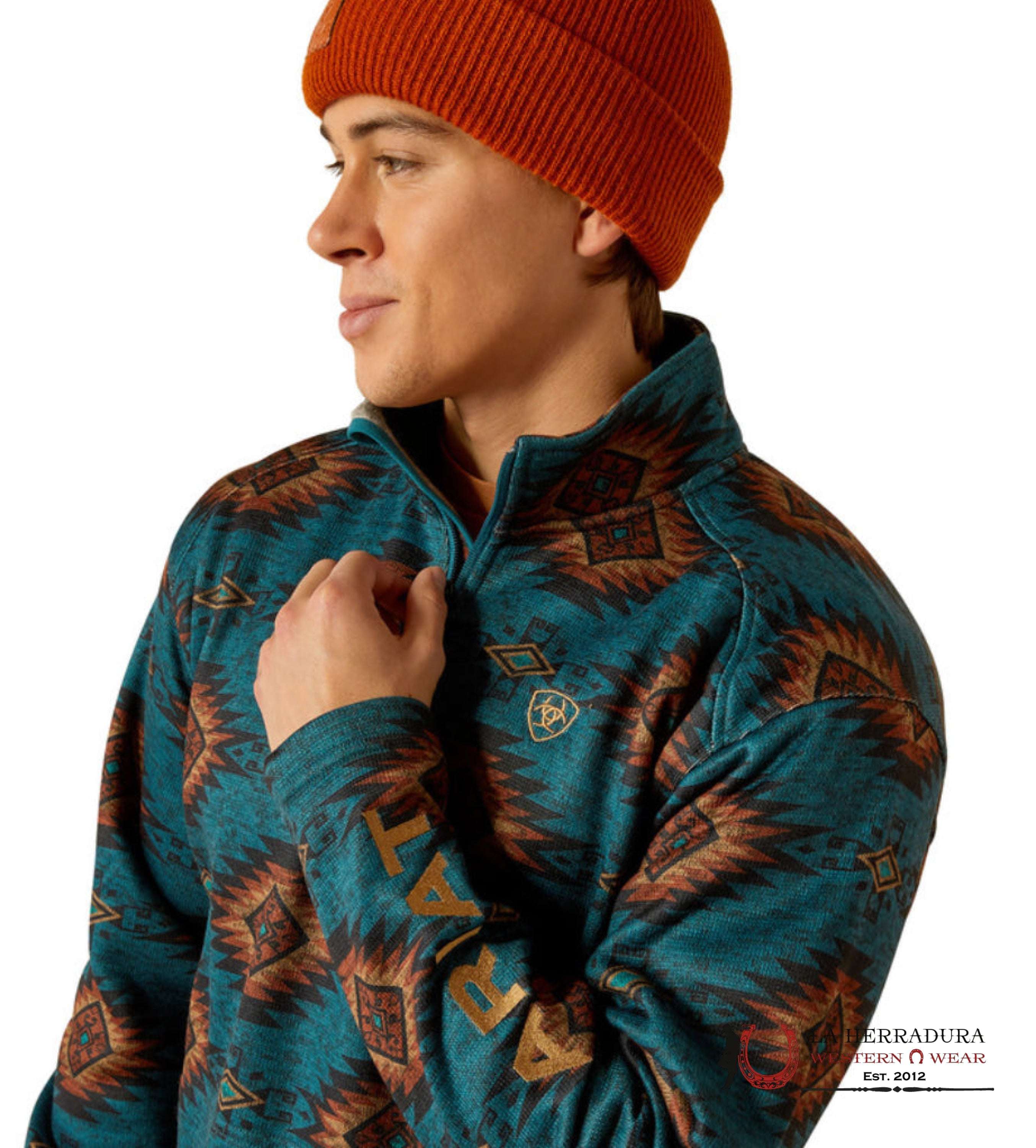 Ariat Blue Coral Southwest Caldwell Logo 1/4 Zip Up Sweater- 3016 Ropa Hombres