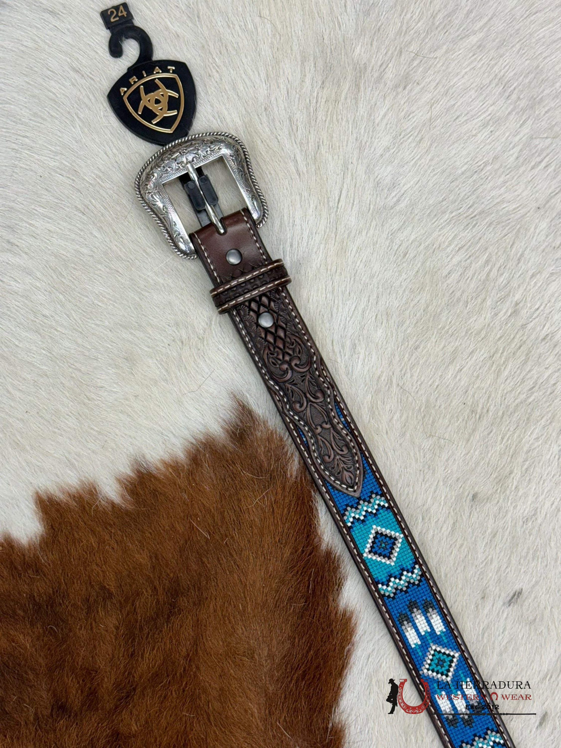 Ariat Boys Belt Silver Dark Brown Blues Stitched Niños