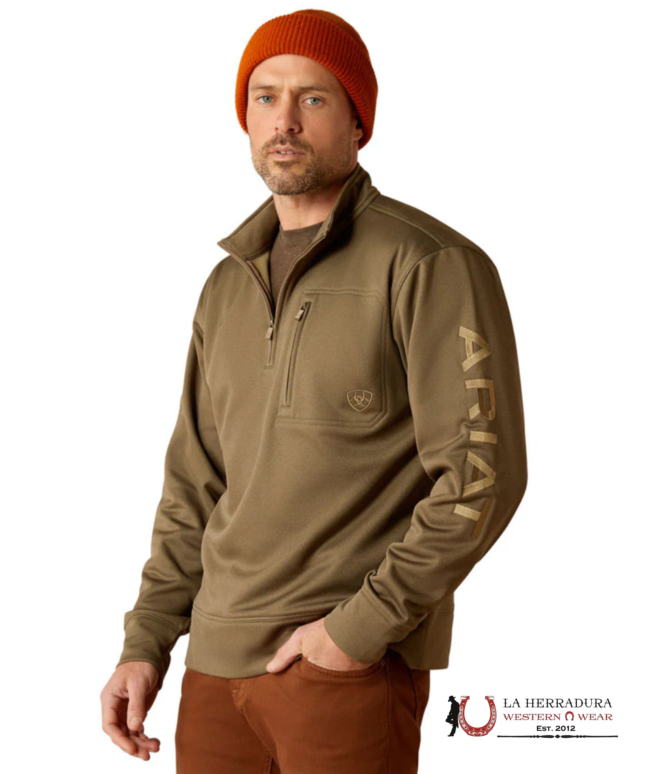 Ariat Brine Olive/Brown Team Logo 1/4 Zip Up Sweater- 2809 Ropa Hombres