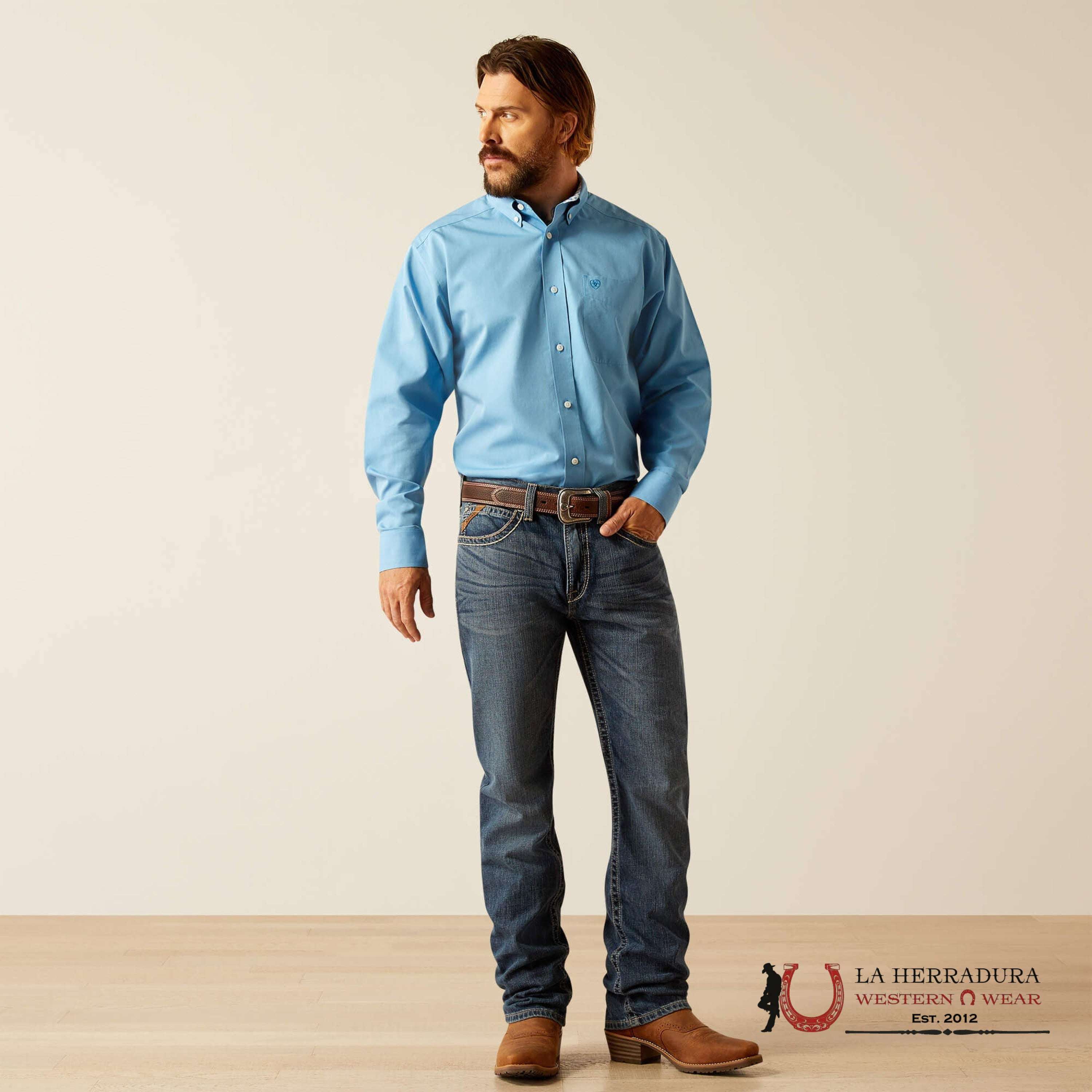 Ariat Classic Fit Wrinkle Free Solid Blue Long Sleeve Shirt Ropa Hombres
