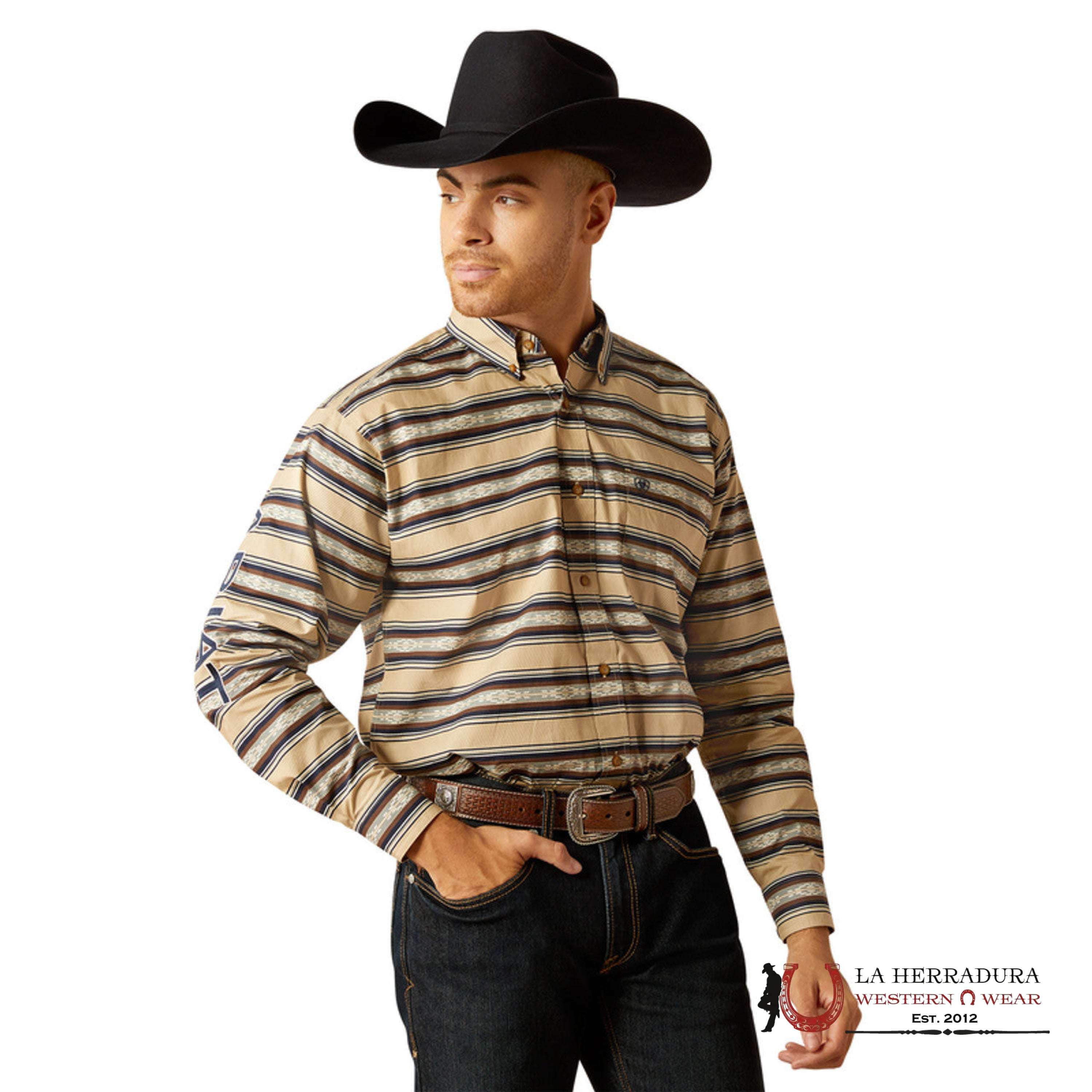 Ariat Classic Korbyn Tan Vavy Blue Long Sleeve Shirt Ropa Hombres