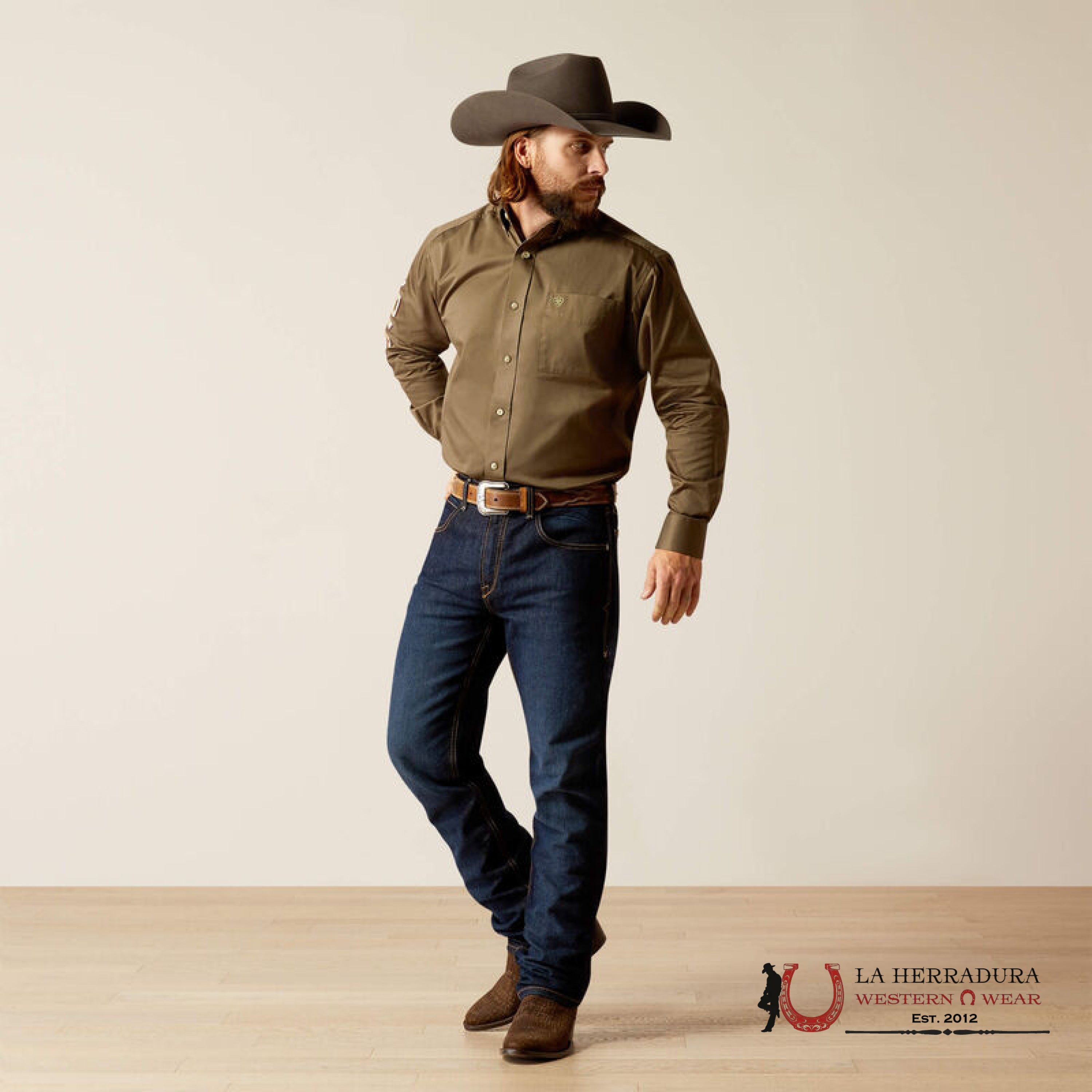 Ariat Classic Team Logo Olive Gree/Orange Long Sleeve Shirt-2824 Ropa Hombres