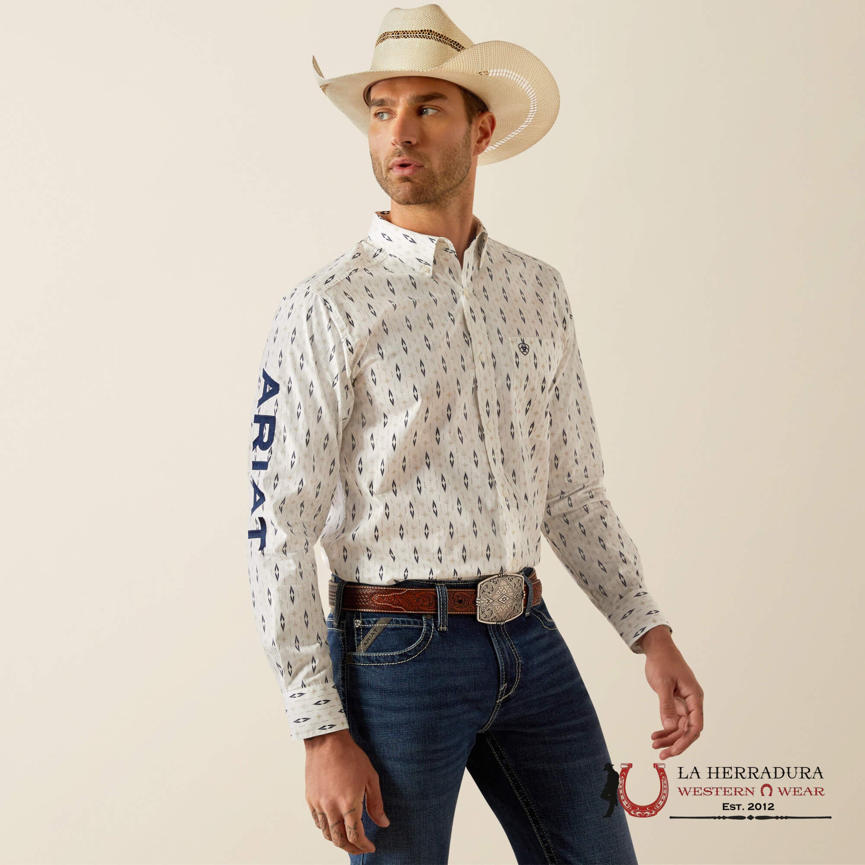 Ariat Fitted Team Perkins Long Sleeve Shirt White/Navy -4728 Ropa Hombres