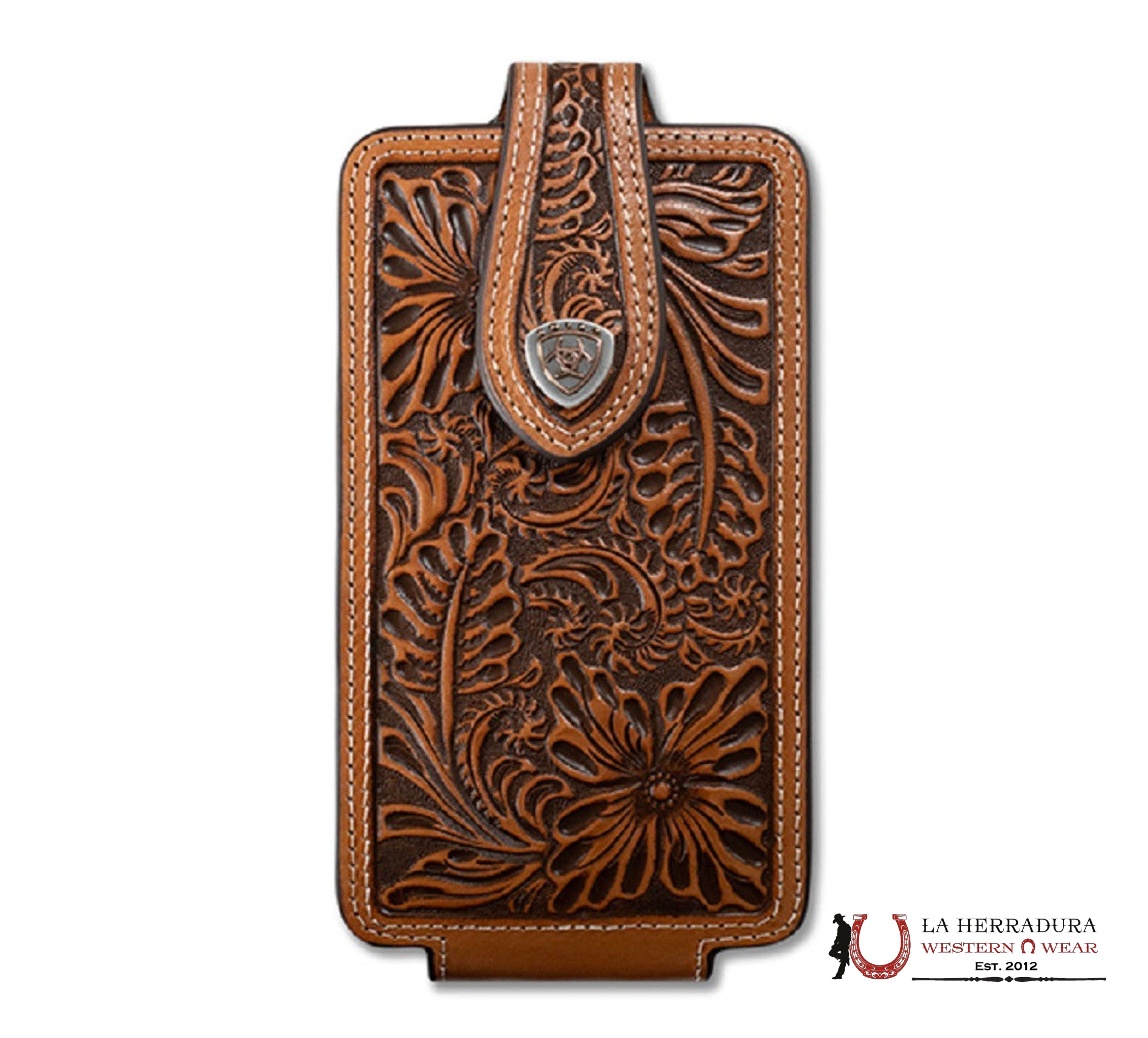 ARIAT FLORAL EMBOSSED SHIELD BROWN - ACC CELL PHONE CASE - A0604448
