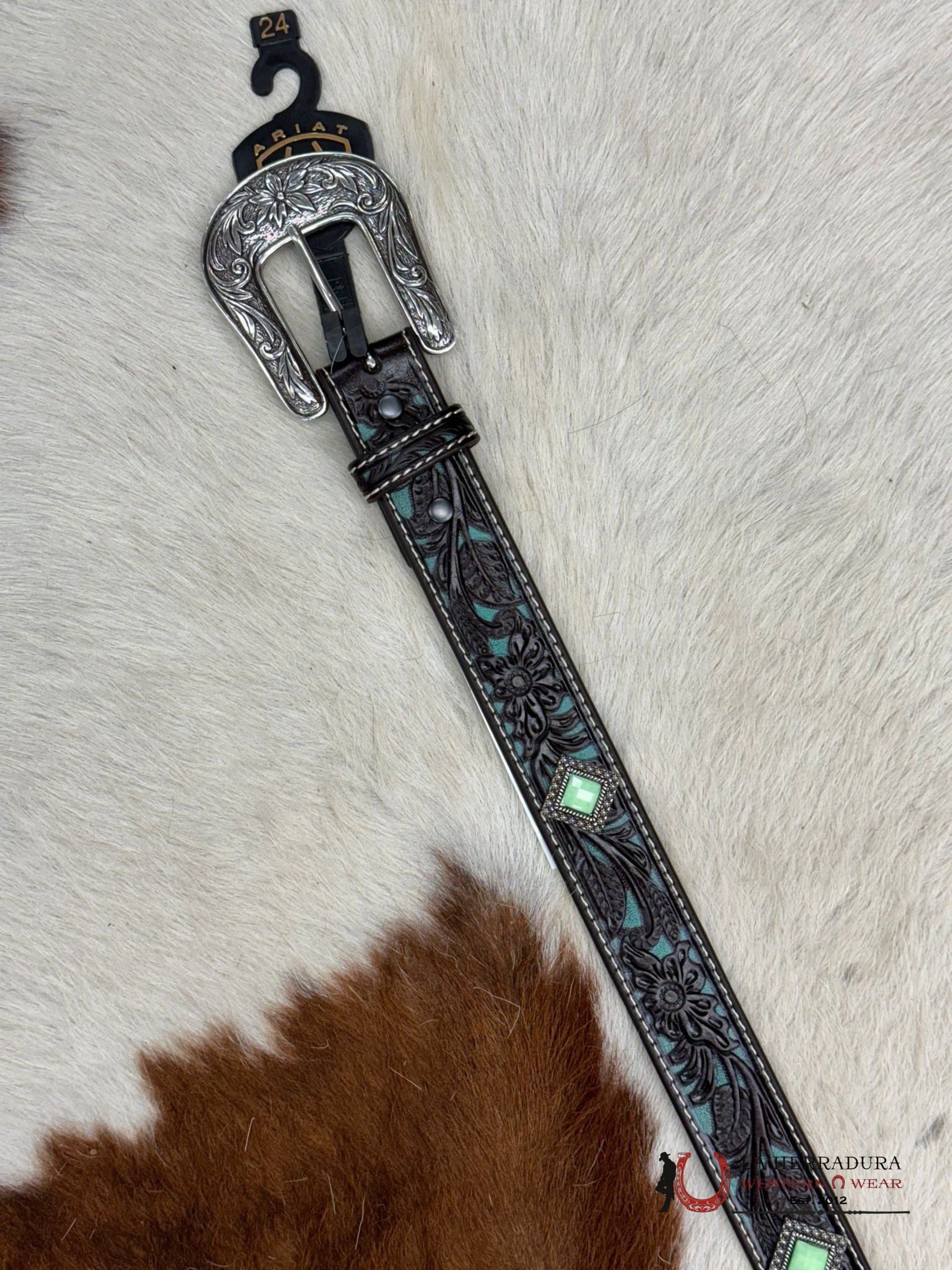 Ariat Girl Belt Umber Turquoise Flower Tooled Print Niños