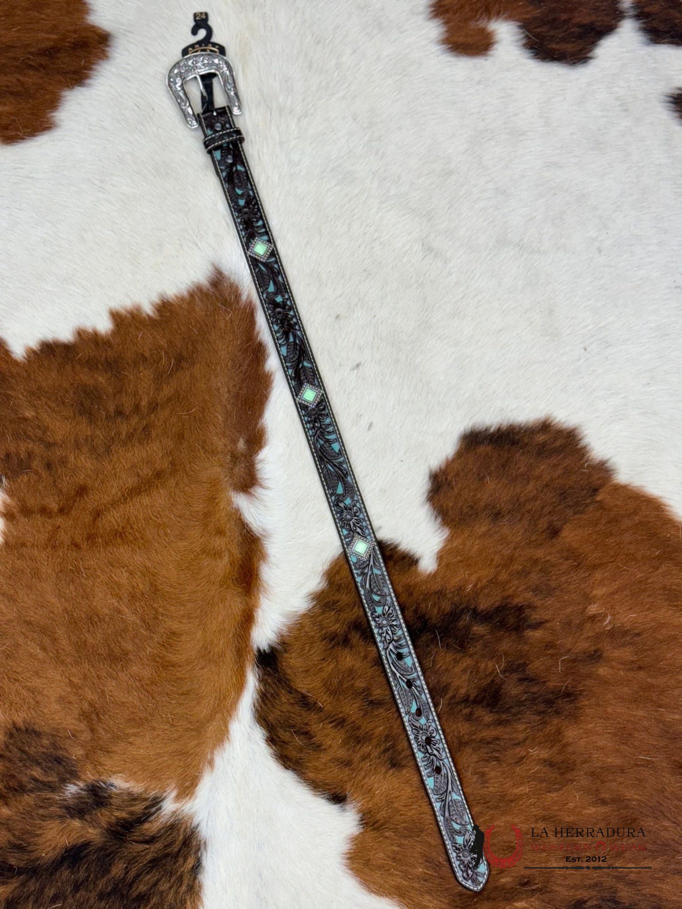 Ariat Girl Belt Umber Turquoise Flower Tooled Print Niños