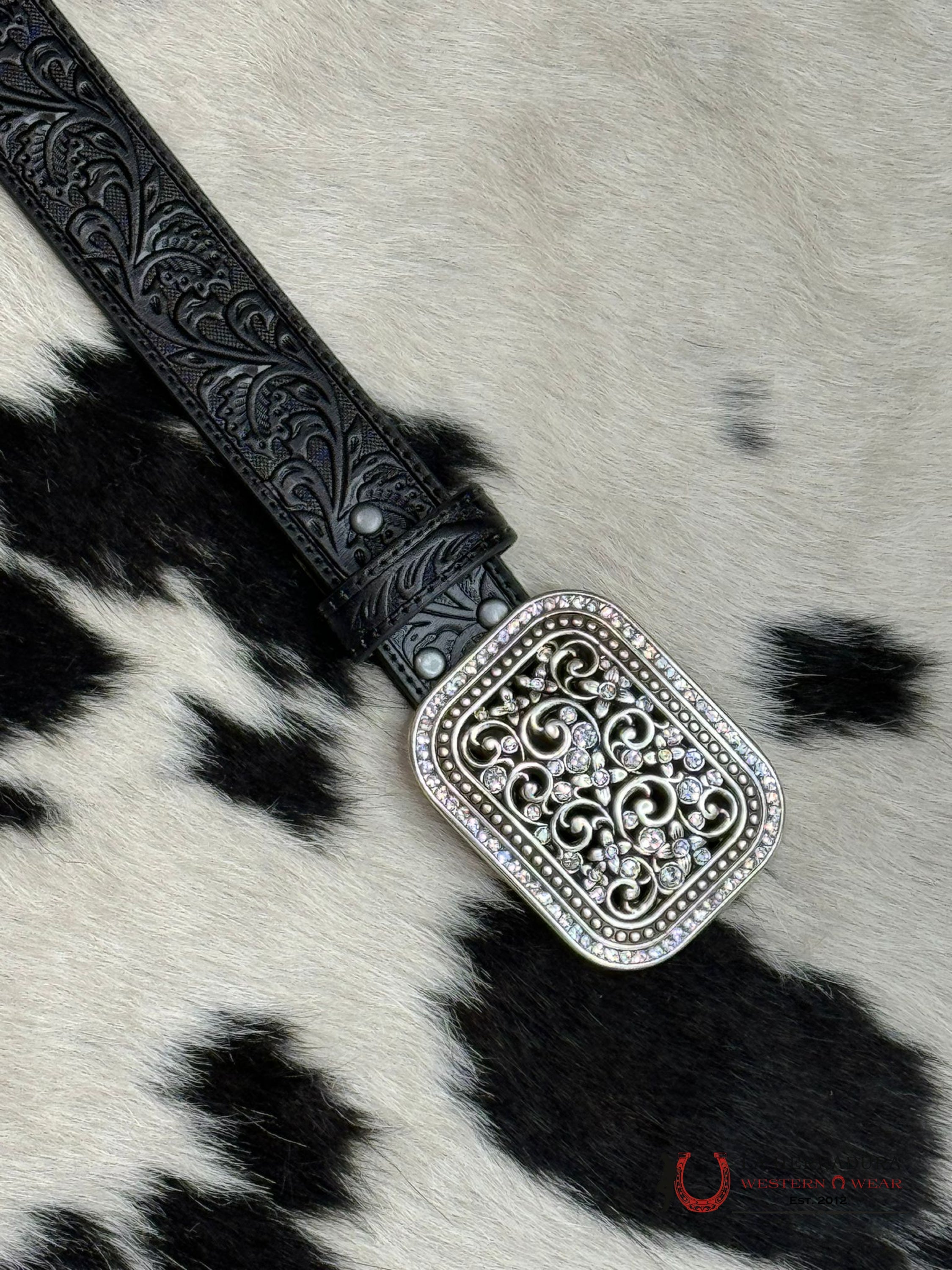 Ariat Hand Tooled Black Belt Sparkle Buckle 6909 Cinturones Mujeres