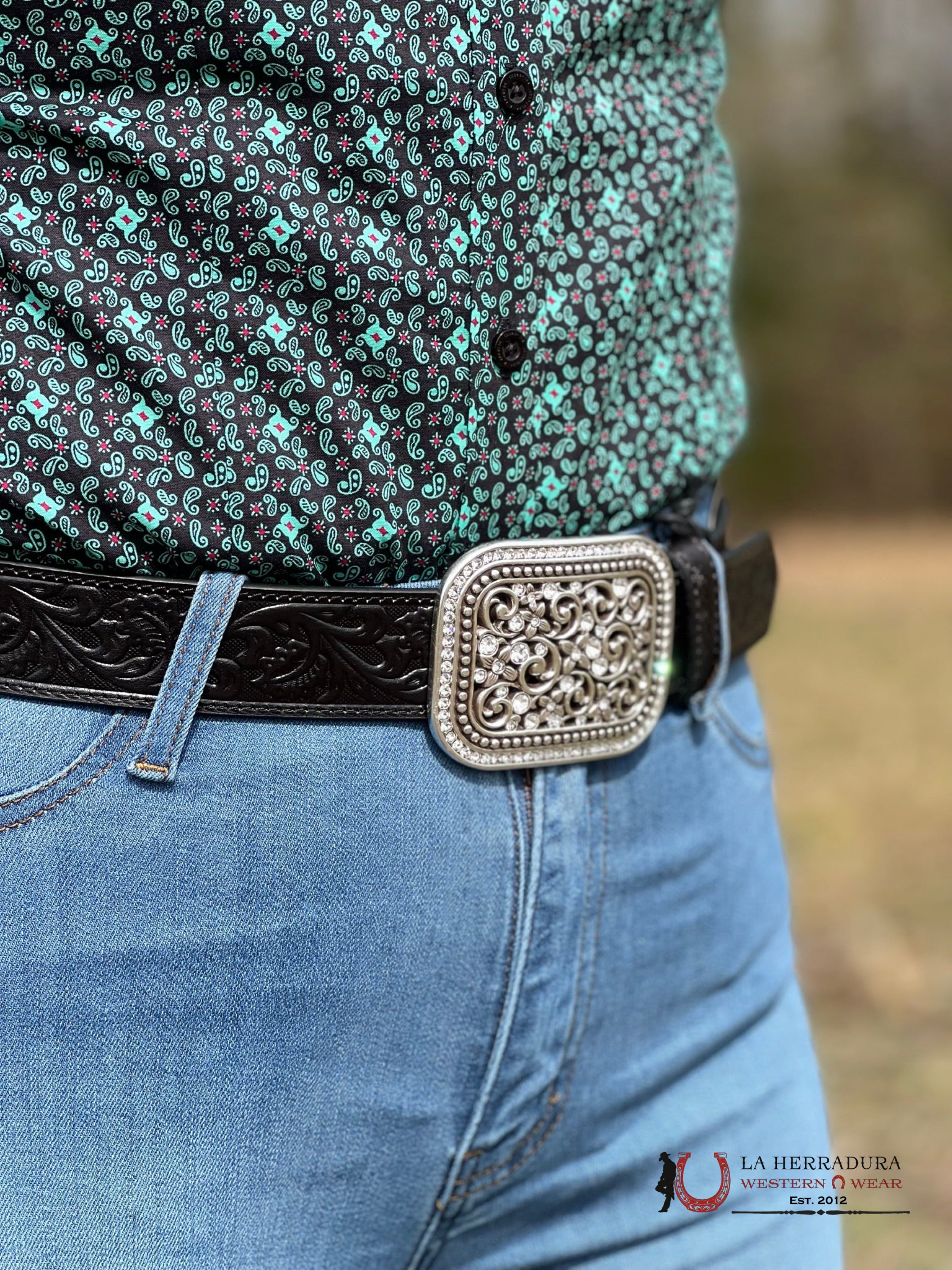 Ariat Hand Tooled Black Belt Sparkle Buckle 6909 Cinturones Mujeres