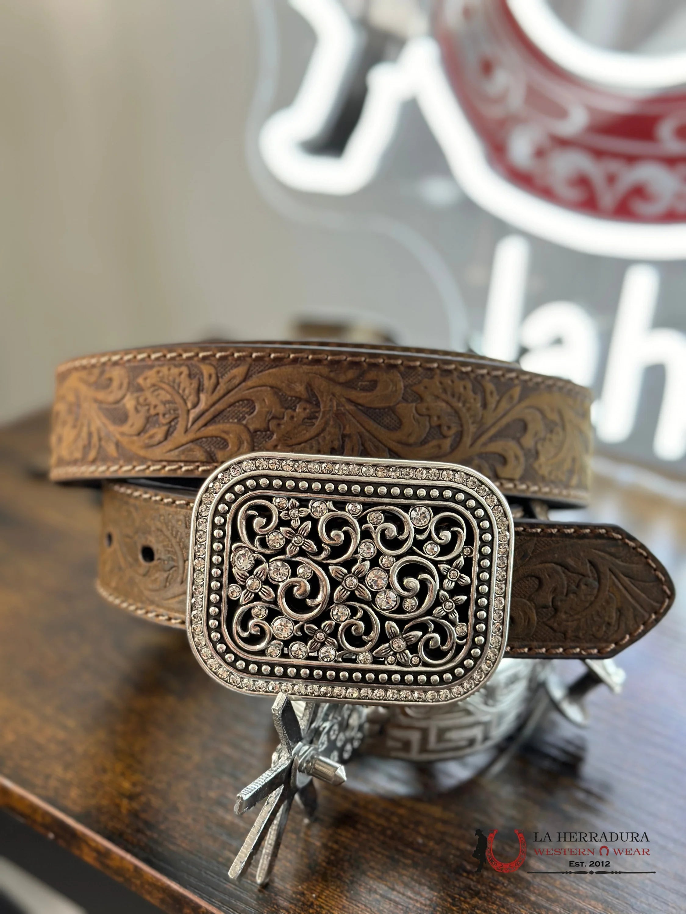 Ariat Hand Tooled Sand Sbelt Sparkle Buckle Cinturones Mujeres