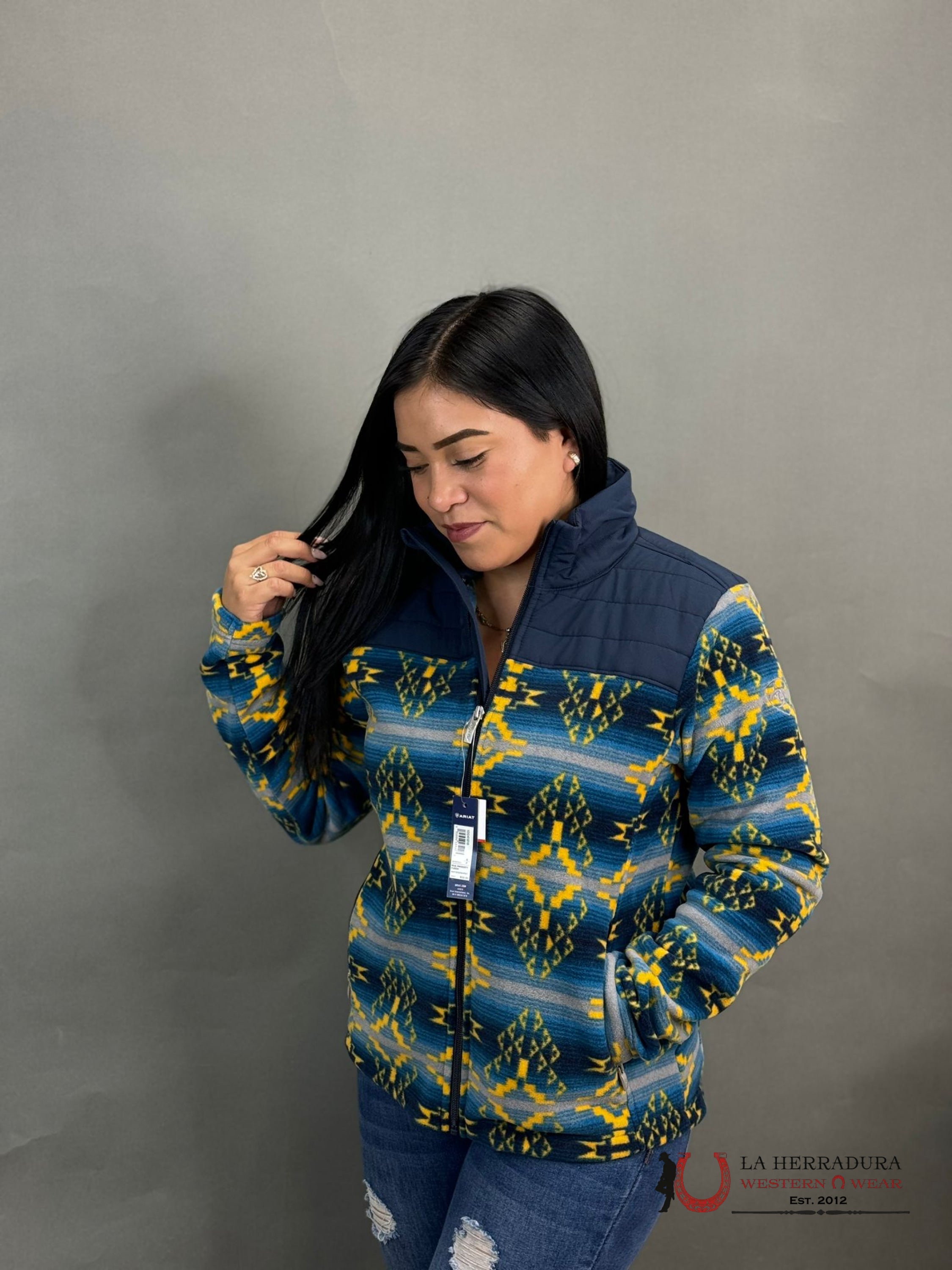 Ariat Jacket Real Prescott Fleece Navi/Yellow Print Ropa Mujeres