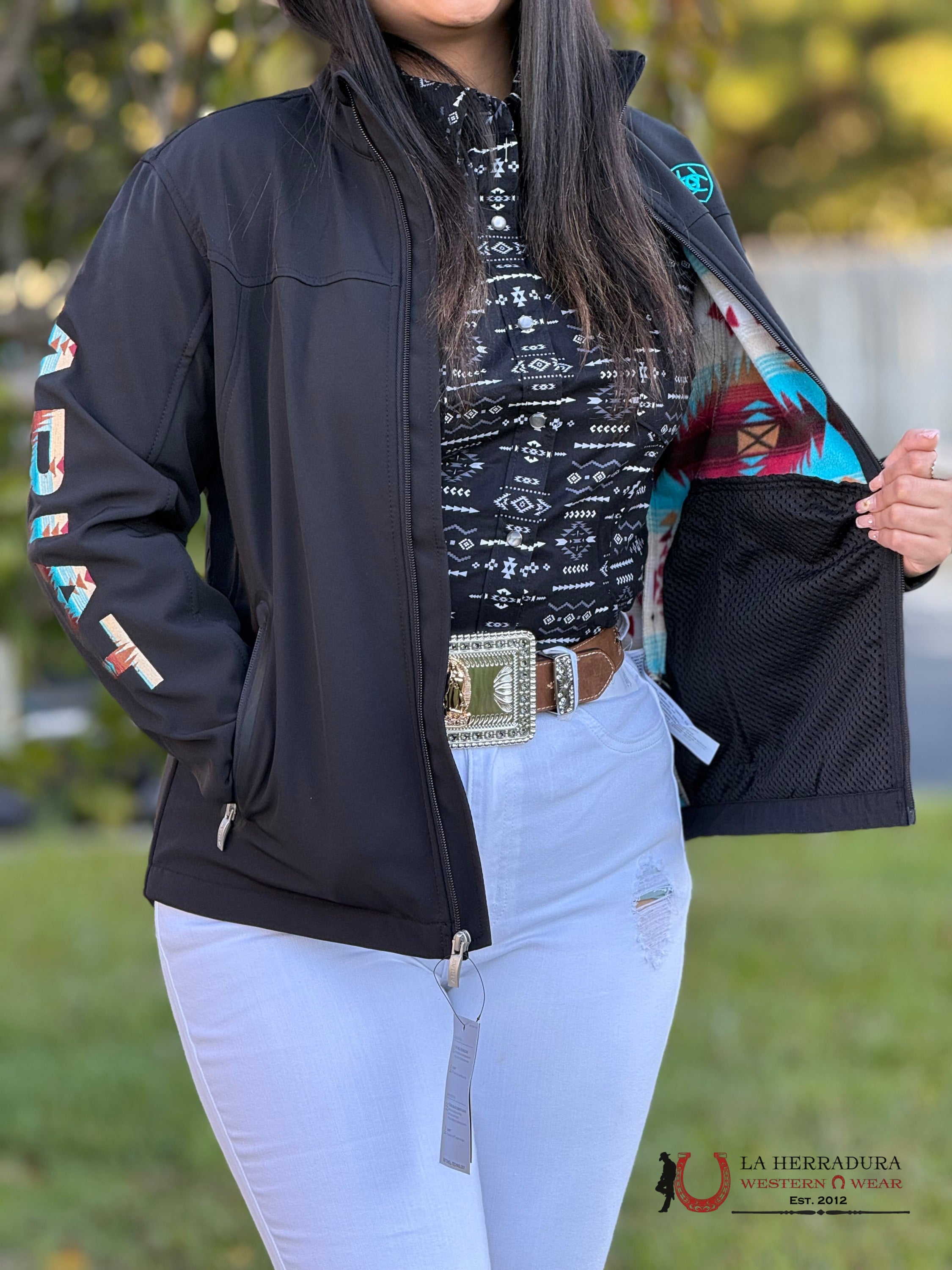 Ariat Jacket Team Logo Black Serrano Southwest Print Womens Ropa Mujeres