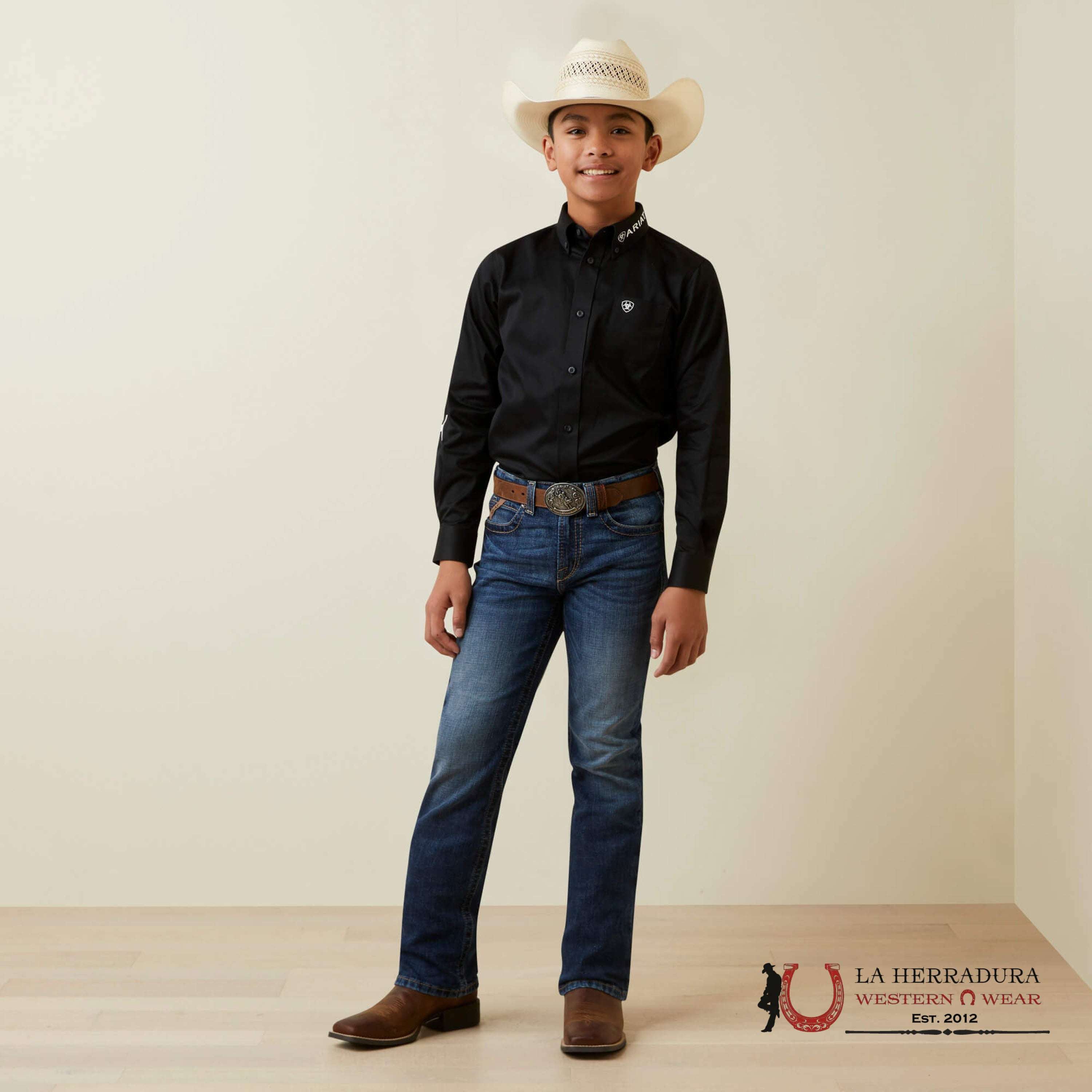 ARIAT KIDS SHIRT -BOYS BLACK/WHITE TEAM LOGO TWILL LS 10045426 NIÑOS