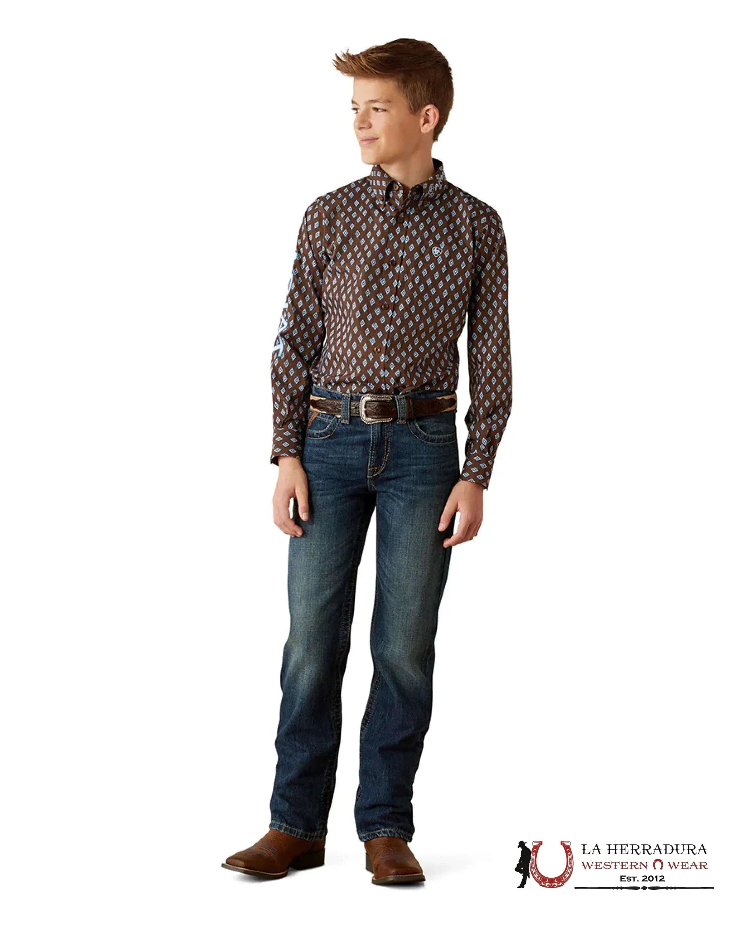 ARIAT KIDS SHIRT -BOYS BROWN/LIGHT BLUE TEAM OAK LS 10054069 NIÑOS