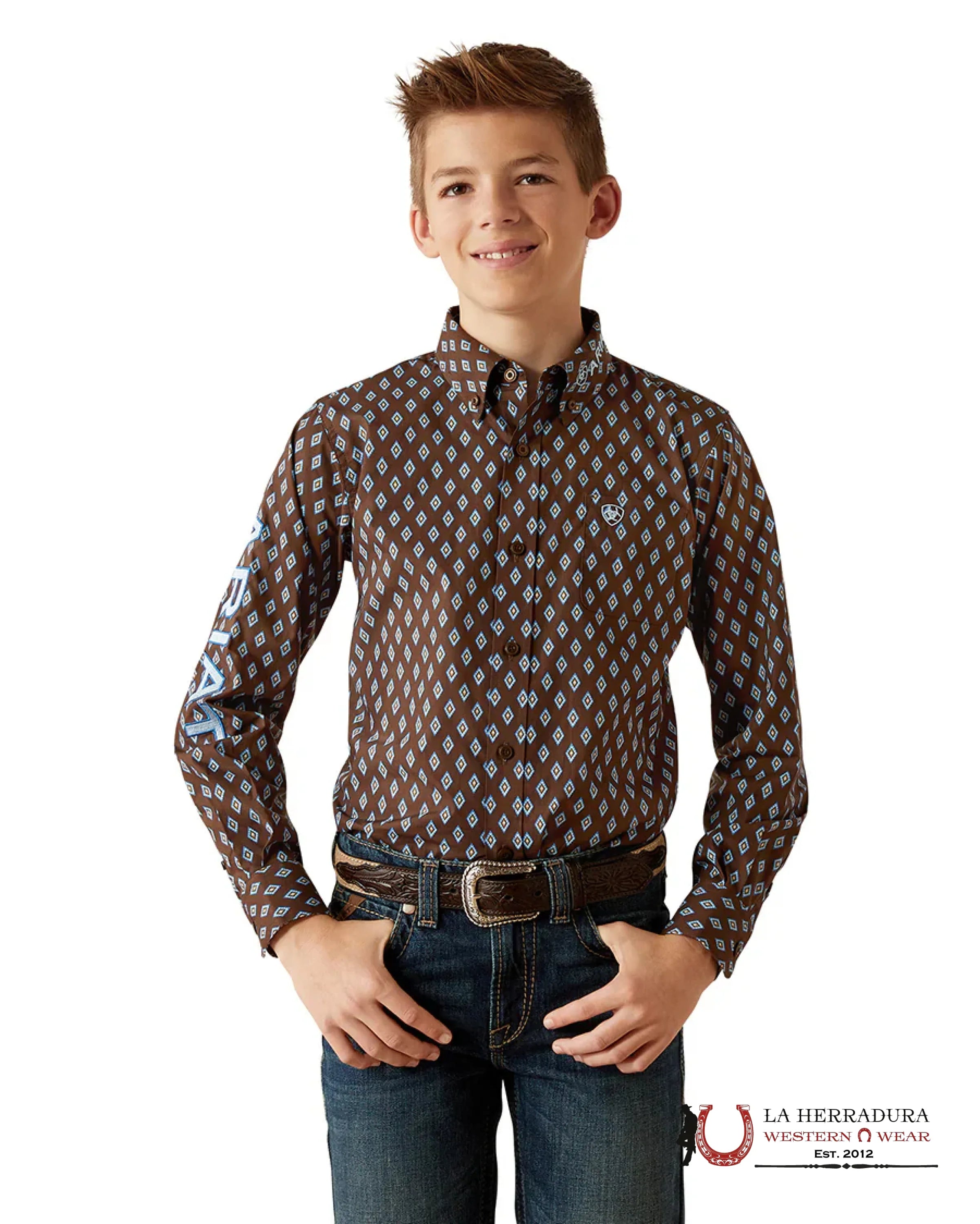 ARIAT KIDS SHIRT -BOYS BROWN/LIGHT BLUE TEAM OAK LS 10054069 NIÑOS