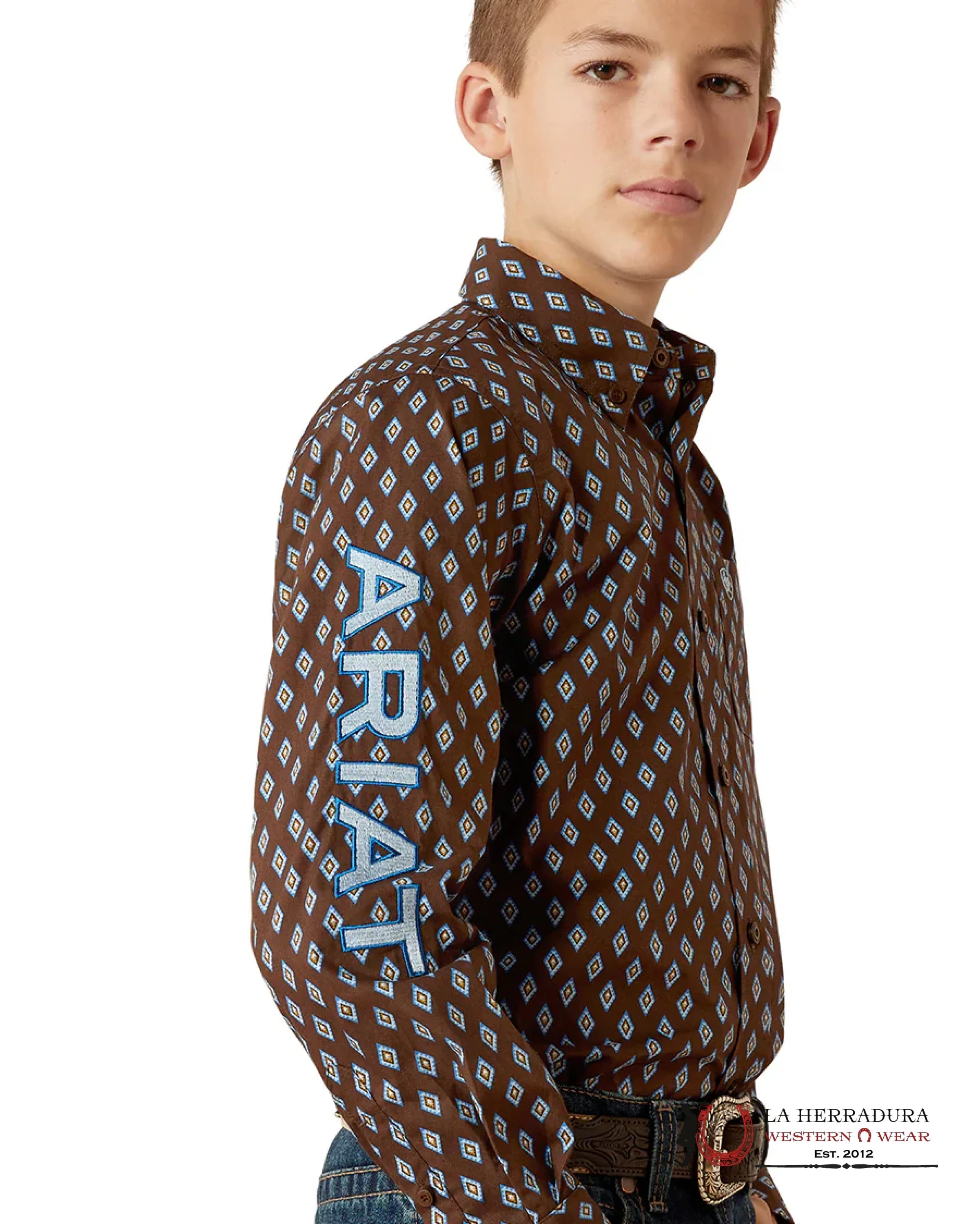 ARIAT KIDS SHIRT -BOYS BROWN/LIGHT BLUE TEAM OAK LS 10054069 NIÑOS